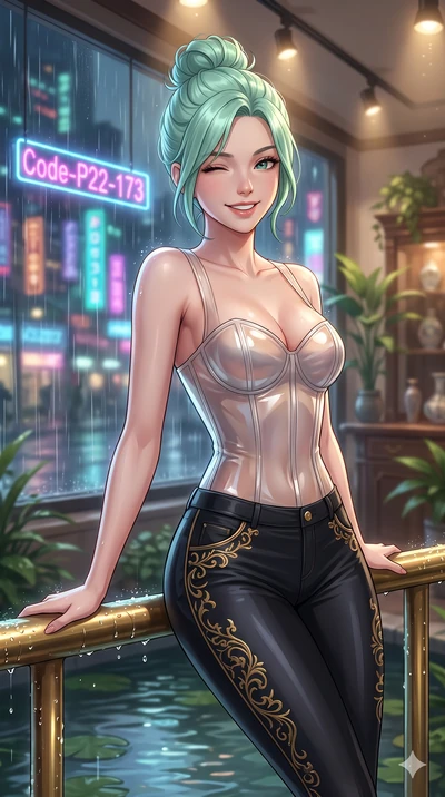 score_9, masterpiece, best quality, ultra-detailed, high-budget anime keyframe, vibrant anime aesthetic, Japanese woman. close-up cowboy shot from the waist and thighs up, the character dominates the composition, filling the frame with her large pres