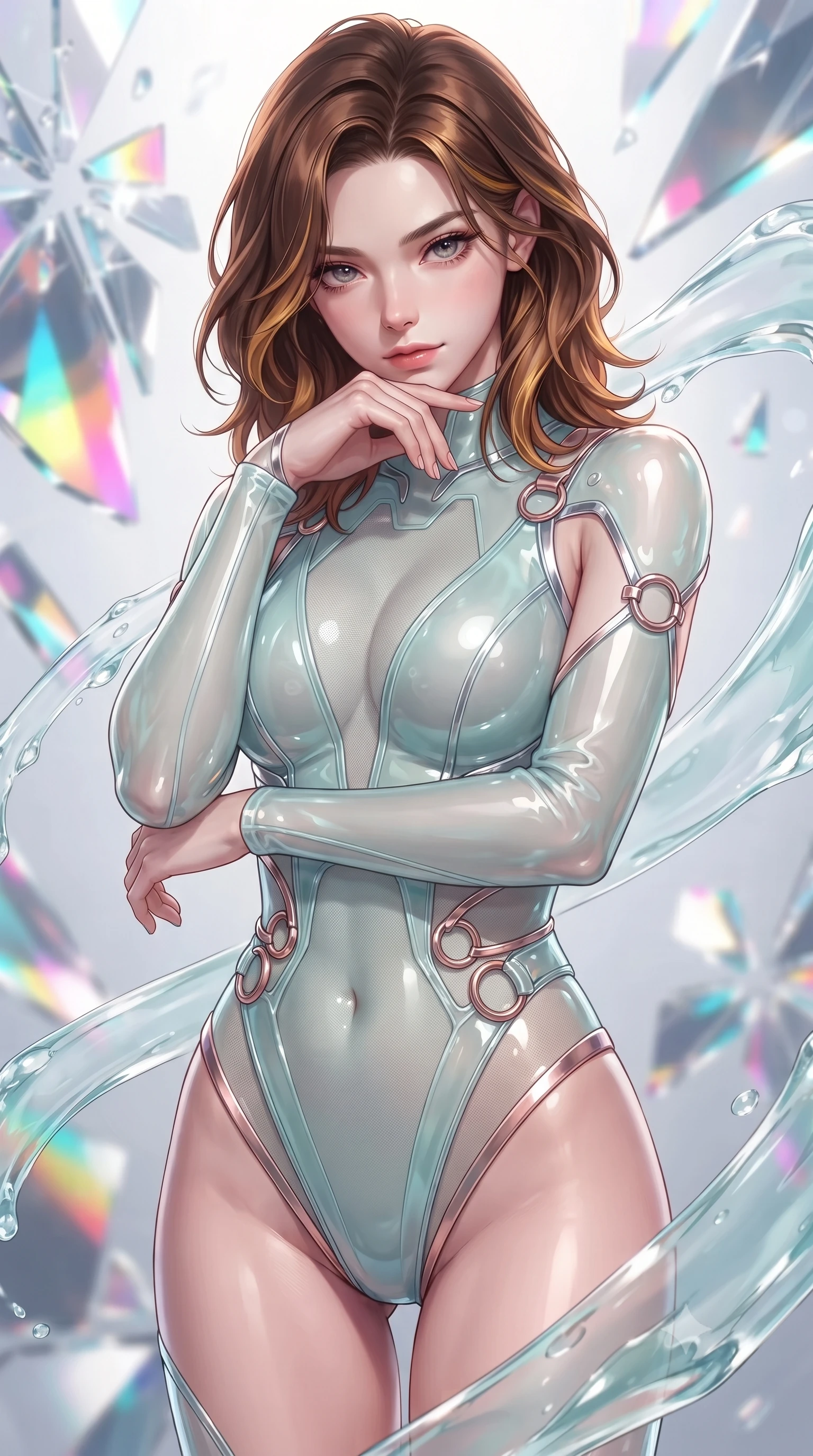 score_9, masterpiece, best quality, ultra-detailed, high-budget anime keyframe, editorial fashion photography, tasteful artistic composition, Korean woman. close-up cowboy shot from the waist and thighs up, the character dominates the composition, filling the frame with her large presence, background elements kept in soft focus. Resting her chin on the backs of her fingers with an air of effortless superiority, surrounded by rotating shattered mirror sculptures reflecting bright acrylic colors, translucent liquid acrylic trails creating dynamic motion paths. She has an exceptionally elegant, slender, and willowy female figure with an ultra-slim waist, a gracefully sculpted slender torso, and a refined silhouette. sharp v-shaped jawline, high-bridge nose, intricate jewel-like eyes with depth, thick eyelashes, glossy lips with a natural sheen. wearing translucent liquid acrylic splash bodysuit with semi-opaque mesh in pale opal seafoam, made of sculpted platinum chrome, trimmed with rose-gold ring hardware along the waist contours, sculpting her athletic slender build with refined precision. bathed in high-contrast vibrant studio lighting with sharp specular highlights. highly saturated vibrant anime colors, detailed shading with soft gradients, rich glossy textures, high-contrast stereoscopic depth, volumetric dynamic lighting, master piece, 9:16 ratio