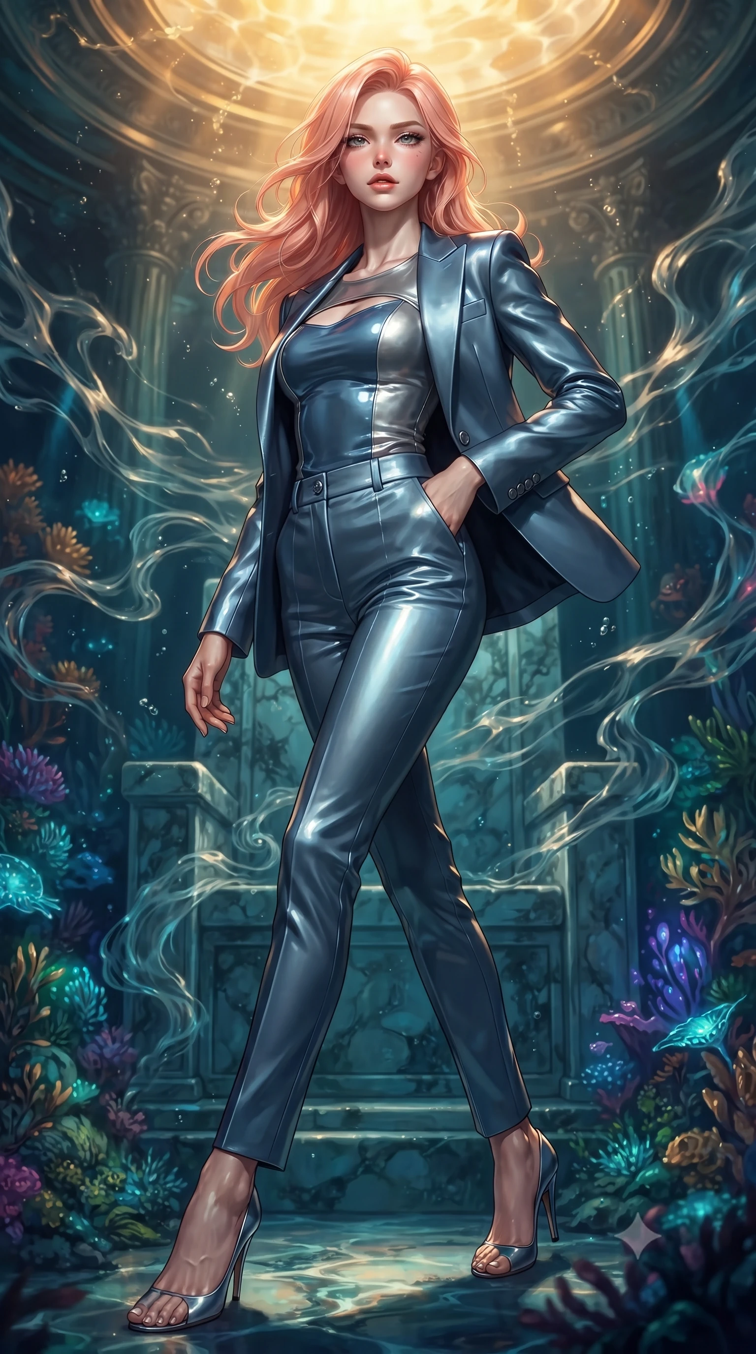 score_9, masterpiece, best quality, ultra-detailed, high-budget anime keyframe, editorial fashion photography, tasteful artistic composition, Japanese woman. low angle full-body shot from head to toe showing her feet, filling the entire 9:16 vertical frame with her statuesque presence, stretching her vertical silhouette. forging dynamically through the scene with her long slender legs and ultra-slim waist creating a sweeping S-curve while pivoting her torso in a fluid S-curve alignment over a submerged mosaic marble throne, swirling ocean currents casting fluid motion patterns across her form. She has an absolutely perfect, statuesque 8.5-heads proportion, an exceptionally tall and slender model-like female figure with impossibly long slender legs and an ultra-slim waist. sharp v-shaped jawline, high-bridge nose, intricate jewel-like eyes with depth, thick eyelashes, glossy lips with a natural sheen, flawlessly proportioned anatomical accuracy, natural body alignment, perfectly sculpted elegant limbs, clean dynamic posture without body distortion. wearing a tailored silk blazer over a form-contouring scoop-neck top and slacks in slate blue and metallic silver, tailored from high-gloss patent leather, accented with a Tasteful chest slit framing her clavicle gracefully, the sleek second-skin texture accentuating her magnetic presence. illuminated by deep sea bioluminescence and warm golden top lighting. ultra-reflective glossy finish, specular highlights, metallic sheen, high-contrast stereoscopic depth, volumetric dynamic lighting, 2k, ultra detail, master piece, 9:16 ratio