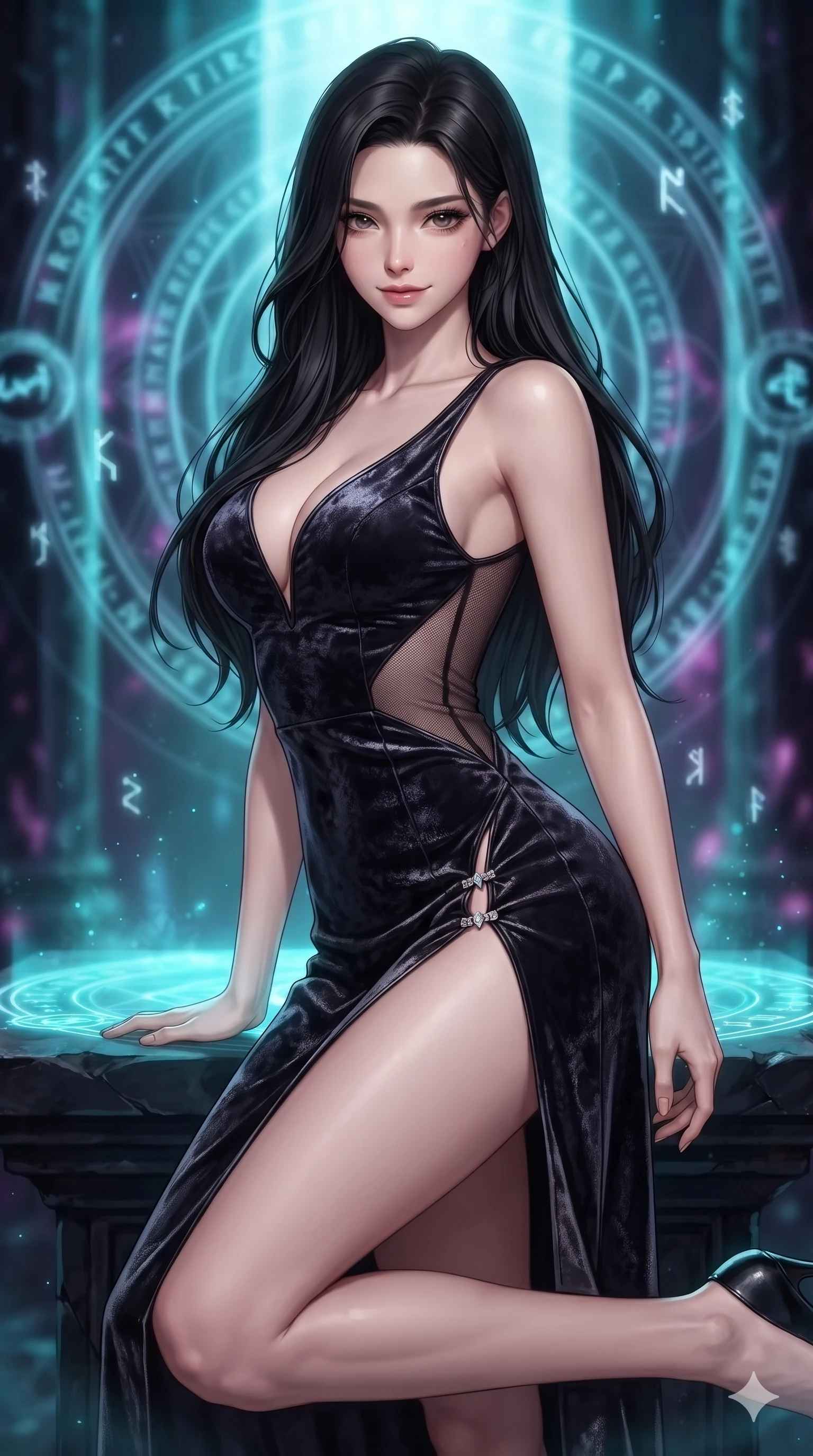 score_9, masterpiece, best quality, ultra-detailed, high-budget anime keyframe, editorial fashion photography, tasteful artistic composition, Korean woman. close-up cowboy shot from the waist and thighs up, the character dominates the composition, filling the frame with her large presence. twisting her slender torso in a deep contrapposto stance, hips dramatically shifted to accentuate her feminine curves while kneeling on one knee beside the digital altar dais with hips angled toward the camera, her dark tailored fit highlighting her hourglass curves. The background shows a soft-focus intricate revolving holographic spell circles, archaic runic glyphs floating in cold air, and ancient obsidian columns blurred into cyan, amethyst, and obsidian bokeh. She has an exceptionally elegant, slender, and willowy female figure with an ultra-slim waist, flat toned midriff, narrow ribcage, and sculpted feminine hips creating an alluring, slim hourglass silhouette without bulk. sharp v-shaped jawline, high-bridge nose, intricate jewel-like dark sparkling eyes with hypnotic seductive depth, thick curled eyelashes, glossy parted lips with a natural wine sheen, alluring bedroom-eyes with an enigmatic smoldering smile, exuding magnetic sovereign charisma and dark avant-garde glamour, flawlessly proportioned anatomical accuracy, strict slender model proportions, natural body alignment, perfectly sculpted long slender limbs, ultra-slim waistline, clean dynamic posture without body distortion. wearing an alluring plunging sweetheart bodice dress with sheer mesh side-waist cutouts contouring her ribs in pure obsidian monochrome with subtle metallic sheen, tailored from crushed dark velvet with deep light-absorbing plush texture, finished with an ultra-high side slit secured by miniature jeweled clasps, the precision-cut side openings and low-back scoop framing her graceful spine and the sensual sweep of her slim, toned hips. illuminated by intense radiant neon cyan and ultraviolet holographic projections contrasting with pitch-black stone. ultra-reflective glossy finish, specular highlights, metallic sheen, high-contrast stereoscopic depth, volumetric dynamic lighting, 2k, ultra detail, master piece, 9:16 ratio