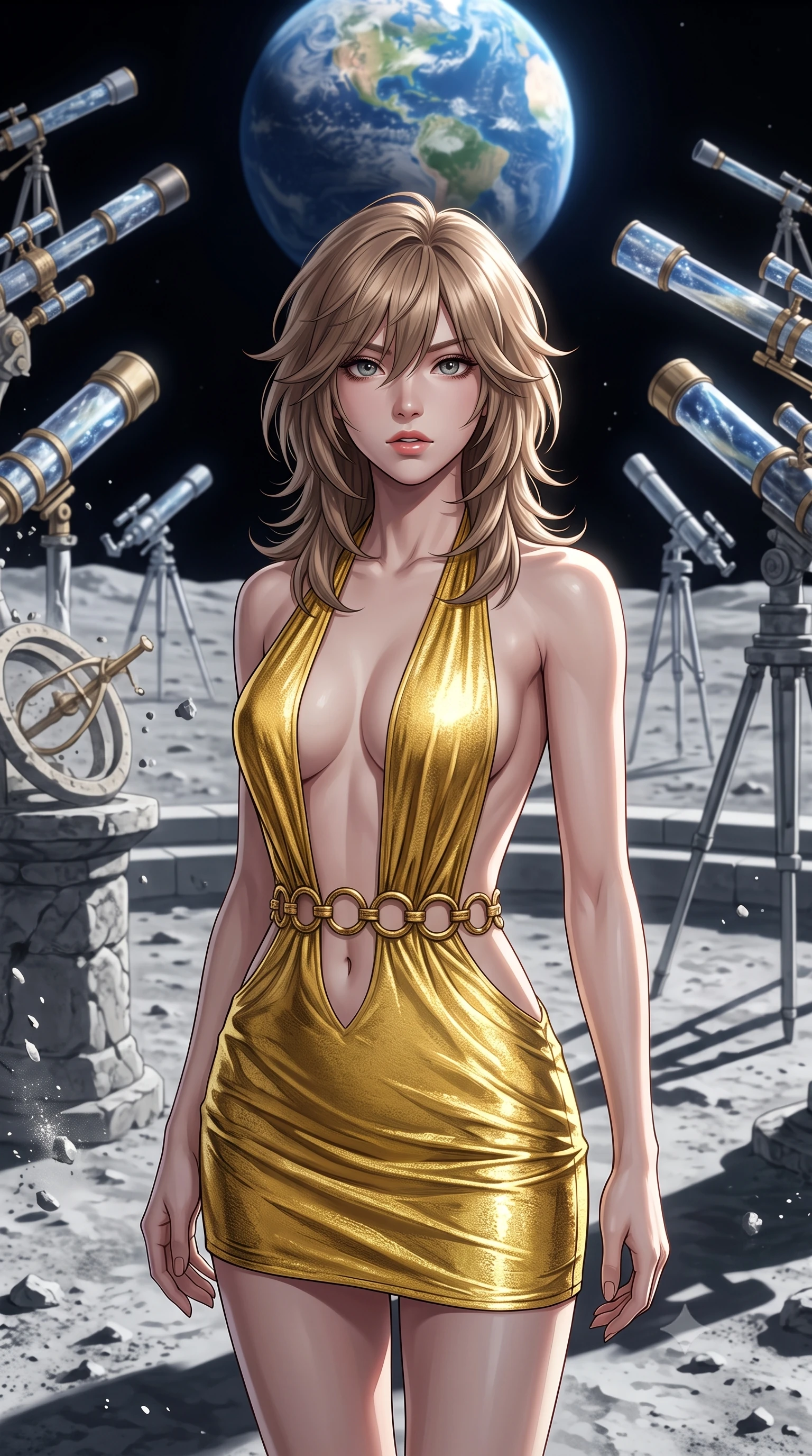 score_9, masterpiece, best quality, ultra-detailed, high-budget anime keyframe, editorial fashion photography, tasteful artistic composition, Japanese woman. close-up cowboy shot from the waist and thighs up, the character dominates the composition, filling the frame with her large presence, background elements kept in soft focus. Looking directly at the camera with a bold fearless expression and parted lips. set against a soft-focus background of an open-air observation terrace on the moon's surface with crystalline telescopes pointing toward the blue Earth hanging in the black sky lunar dust particles floating weightlessly around ancient stone instruments. She has an exceptionally elegant and slender, willowy female figure with an ultra-slim waist, a gracefully sculpted slender torso, and a refined slim physique. sharp v-shaped jawline, high-bridge nose, intricate jewel-like eyes with depth, thick eyelashes, glossy lips with a natural sheen. wearing a backless halter mini dress in liquid yellow gold, featuring a plunging front cutout and gold rings at her waist. cold silver earthshine reflecting off the lunar surface combined with stark unfiltered starlight creating sharp high-contrast shadows on the grey regolith. 2k, ultra detail, master piece, 9:16 ratio