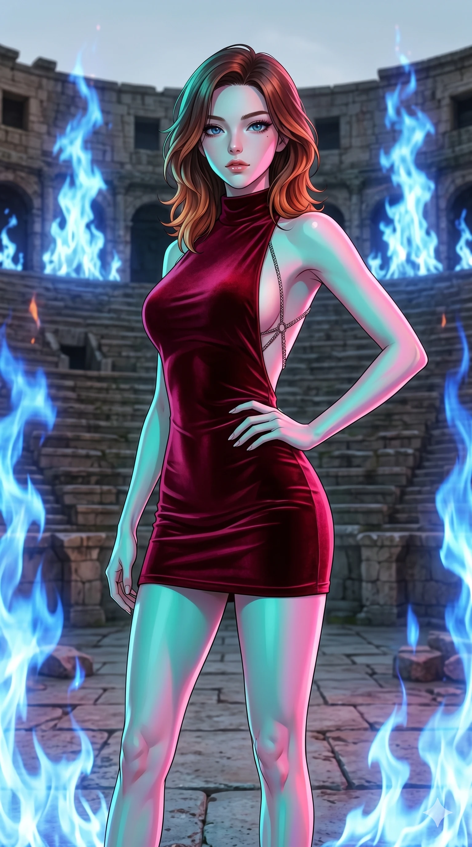score_9, masterpiece, best quality, ultra-detailed, high-budget anime keyframe, editorial fashion photography, tasteful artistic composition, Korean woman. cowboy shot from the thighs up, character and outfit filling the frame for maximum editorial presence. Holding a confident power pose with one hand on her hip at the center of an outdoor stone amphitheater surrounded by towering pillars of blue flame. She has an absolutely perfect 8-heads proportion, an exceptionally tall and slender female figure with impossibly long slender legs and an ultra-slim waist. V-shaped jawline, high-bridge nose, intricate jewel-like eyes with depth, thick eyelashes, glossy lips with a natural sheen. wearing a high-neck mini dress in deep crimson velvet with a dramatically scooped open-back design and a precision-fitted silhouette ending at mid-thigh. lit by high-contrast holographic projection lighting with vivid colored shadows that define her form. 2k, ultra detail, master piece, 9:16 ratio