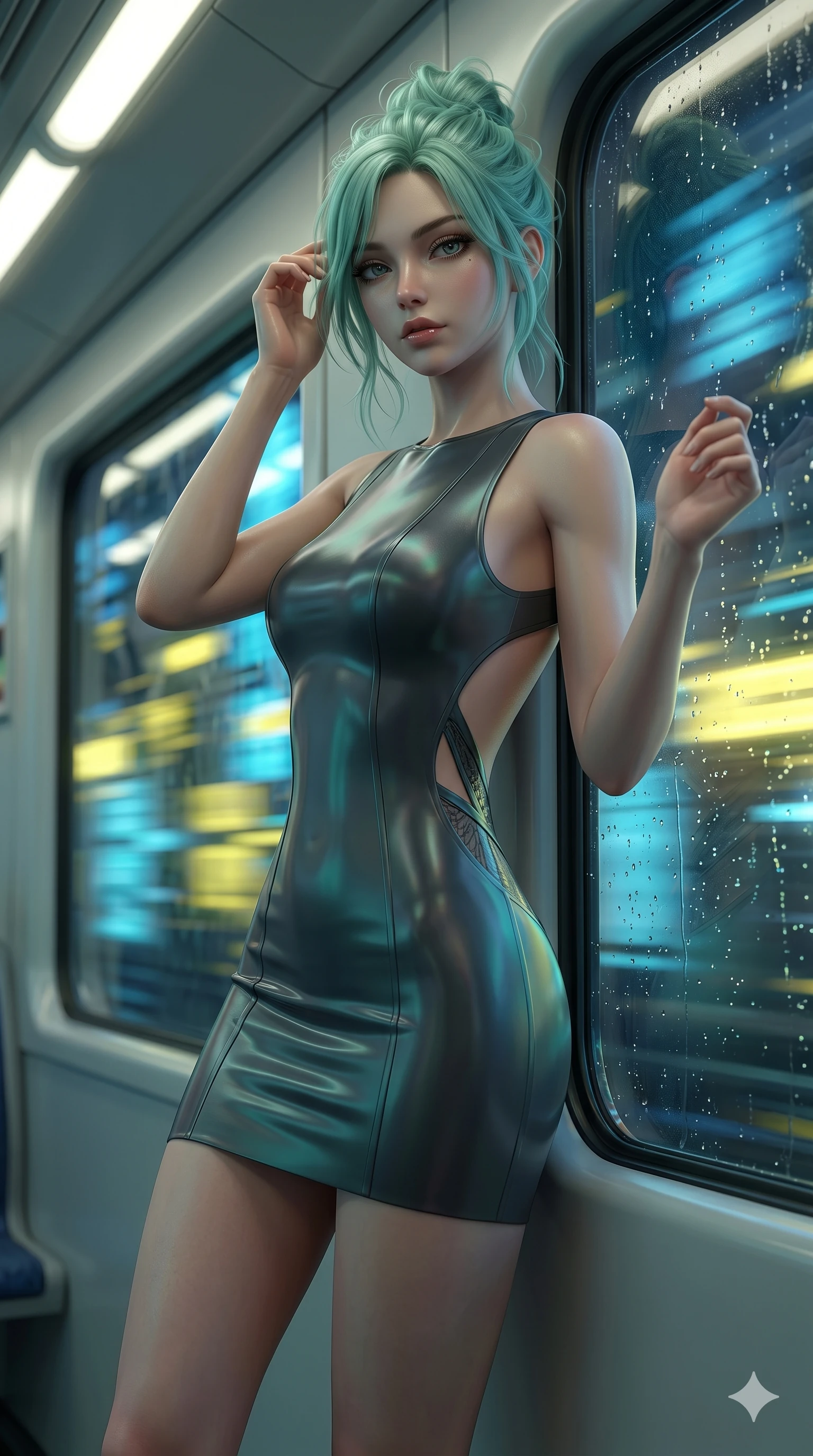 score_9, masterpiece, best quality, ultra-detailed, high-budget anime keyframe, semi-realistic 3D game render, Japanese woman. Upper body close-up from the thighs up, character filling the screen for maximum presence. She is leaning against a train window in a speeding magnetic train, with city neon lights blurring outside. She turns her face to the camera with a sultry, contemplative expression. She has an absolutely perfect 8-heads proportion, an exceptionally tall and slender female figure with impossibly long slender legs and an ultra-slim waist. V-shaped jawline, high-bridge nose, intricate jewel-like eyes with depth, thick eyelashes, glossy lips with a natural sheen. She is wearing a second-skin fashion-latex mini dress with a clean architectural front, featuring an open-back design that wraps around the sides of her waist, showcasing her slender silhouette. The scene is bathed in passing yellow and blue city lights and a soft glowing interior ceiling light. 2k, ultra detail, master piece, 9:16 ratio