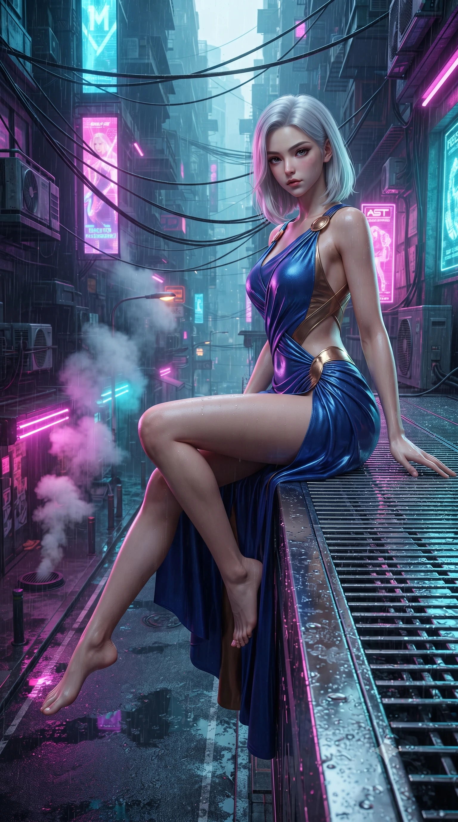 score_9, masterpiece, best quality, ultra-detailed, high-budget anime keyframe, editorial fashion photography, tasteful artistic composition, Korean woman. low angle full-body shot from head to toe showing her feet, filling the entire 9:16 vertical frame with her statuesque presence, stretching her vertical silhouette. sitting perched on the elevated edge with hips angled toward the camera and legs crossed, displaying her toned midriff and flawlessly sculpted slender limbs while striding through the narrow rain-slicked cyber-canyon packed with cascading holographic neon banners, arching her back with sovereign supermodel poise as steam rises from street vents. The surrounding environment is rendered in vivid detail and crisp panoramic clarity. sharp chrome grating textures, wet asphalt puddle reflections, and neon glass filament clarity in deep focus. She has an exceptionally tall and slender model-like 8.5-heads proportion, an ultra-slim waist, a flat toned midriff, narrow delicate ribcage, and beautifully sculpted feminine hips creating a graceful, slim hourglass silhouette without any bulky heaviness, with impossibly long slender legs. sharp v-shaped jawline, high-bridge nose, intricate jewel-like eyes with depth, thick eyelashes, glossy parted lips with a natural sheen, intensely captivating and seductive bedroom-eyes expression, flawlessly proportioned anatomical accuracy, strict slender model proportions, natural body alignment, perfectly sculpted long slender limbs, ultra-slim waistline, clean dynamic posture without body distortion. wearing a high-slit Grecian goddess draped gown with asymmetrical gold shoulder clasps and hip gathering in royal sapphire blue and liquid bronze, formed from supple second-skin lambskin leather with specular sheen, finished with criss-cross back satin straps highlighting her graceful shoulder blades, the precision-cut side openings and low-back scoop framing her graceful spine and the sensual sweep of her slim, toned hips. bathed in vivid electric magenta and laser cyan neon underlights contrasting with rain-soaked shadow tones. ultra-reflective glossy finish, specular highlights, rich textural contrasts, high-contrast stereoscopic depth, volumetric dynamic lighting, 2k, ultra detail, master piece, 9:16 ratio