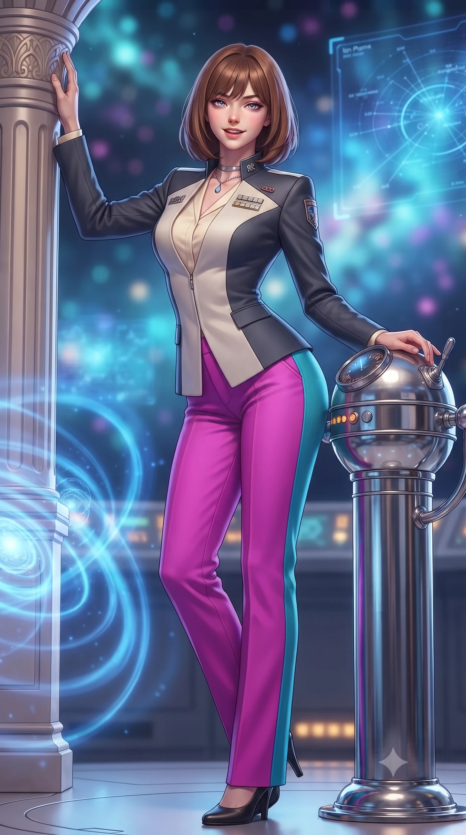 score_9, masterpiece, best quality, ultra-detailed, high-budget anime keyframe, editorial fashion photography, tasteful artistic composition, Caucasian woman. low angle full-body shot from head to toe showing her feet, filling the entire 9:16 vertical frame with her statuesque presence, stretching her vertical silhouette. standing tall beside the architectural column, one hand resting high while arching her lower back to emphasize her sculpted feminine hips and slender waist while leaning against the polished chrome navigation binnacle with hips cocked back, watching ion particle vortices twist through magnetic containment fields with smoldering bedroom-eyes. The background shows a soft-focus swirling spirals of electric-sapphire ion plasma, floating 3D holographic star charts, and distant nebula clouds blurred into sapphire, cyan, and amethyst bokeh. She has an exceptionally tall and slender model-like 8.5-heads proportion, an ultra-slim waist, a flat toned midriff, narrow delicate ribcage, and beautifully sculpted feminine hips creating a graceful, slim hourglass silhouette without any bulky heaviness, with impossibly long slender legs. sharp v-shaped jawline, high-bridge nose, intricate jewel-like sparkling eyes with depth, thick eyelashes, glossy parted lips with a natural peach sheen, bright cheerful beaming smile with an enchanting and coquettish sensual glint, exuding both youthful cute charm and seductive allure, flawlessly proportioned anatomical accuracy, strict slender model proportions, natural body alignment, perfectly sculpted long slender limbs, ultra-slim waistline, clean dynamic posture without body distortion. wearing a tailored orbital colony command uniform in dark grey and white paneling with rank insignia pins and tailored straight-leg trousers in Kowloon neon magenta and electric teal, crafted from bespoke double-faced cashmere with an exceptionally soft tactile finish, finished with a minimalist chrome choker and a single teardrop diamond pendant, the bespoke structured tailoring following the natural line of her 8.5-heads silhouette with refined elegance. bathed in the glowing monochromatic radiance of electric-sapphire ion plasma mixed with warm 2800K console edge lights. ultra-reflective glossy finish, specular highlights, rich textural contrasts, high-contrast stereoscopic depth, volumetric dynamic lighting, 2k, ultra detail, master piece, 9:16 ratio