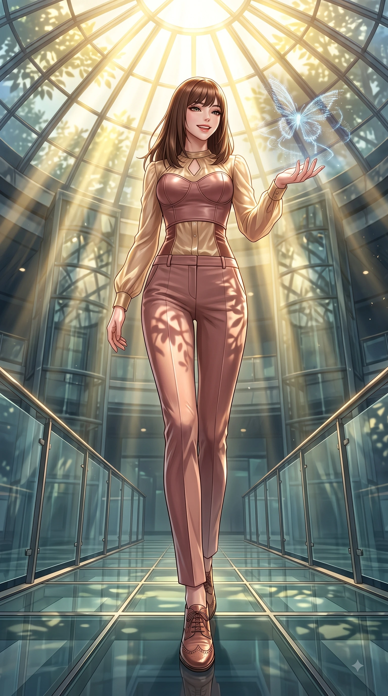 score_9, masterpiece, best quality, ultra-detailed, high-budget anime keyframe, editorial fashion photography, tasteful artistic composition, Korean woman. low angle full-body shot from head to toe showing her feet, filling the entire 9:16 vertical frame with her statuesque presence, stretching her vertical silhouette. stepping forward in a proud dynamic stride with a cheerful beaming smile, her vertical silhouette filling the frame while reaching one hand out with a joyful smile to intercept a hovering hologram butterfly, intense volumetric sunbeams filtering through the glass dome ceiling in bright golden rays. She has an absolutely perfect, statuesque 8.5-heads proportion, an exceptionally tall and slender model-like female figure with impossibly long slender legs and an ultra-slim waist. sharp v-shaped jawline, high-bridge nose, intricate jewel-like eyes with depth, thick eyelashes, glossy lips with a natural sheen, flawlessly proportioned anatomical accuracy, natural body alignment, perfectly sculpted elegant limbs, clean dynamic posture without body distortion. wearing a tailored leather bustier over a sheer silk chiffon blouse in dusty rose and champagne gold, made of premium stretch velvet with a rich sheen, featuring subtle geometric cutouts that highlight her ultra-slim midriff, the tailored fabric tightly following every curve of her athletic build. illuminated by brilliant sunbeams casting cheerful organic leaf stencil shadows. ultra-reflective glossy finish, specular highlights, metallic sheen, high-contrast stereoscopic depth, volumetric dynamic lighting, 2k, ultra detail, master piece, 9:16 ratio