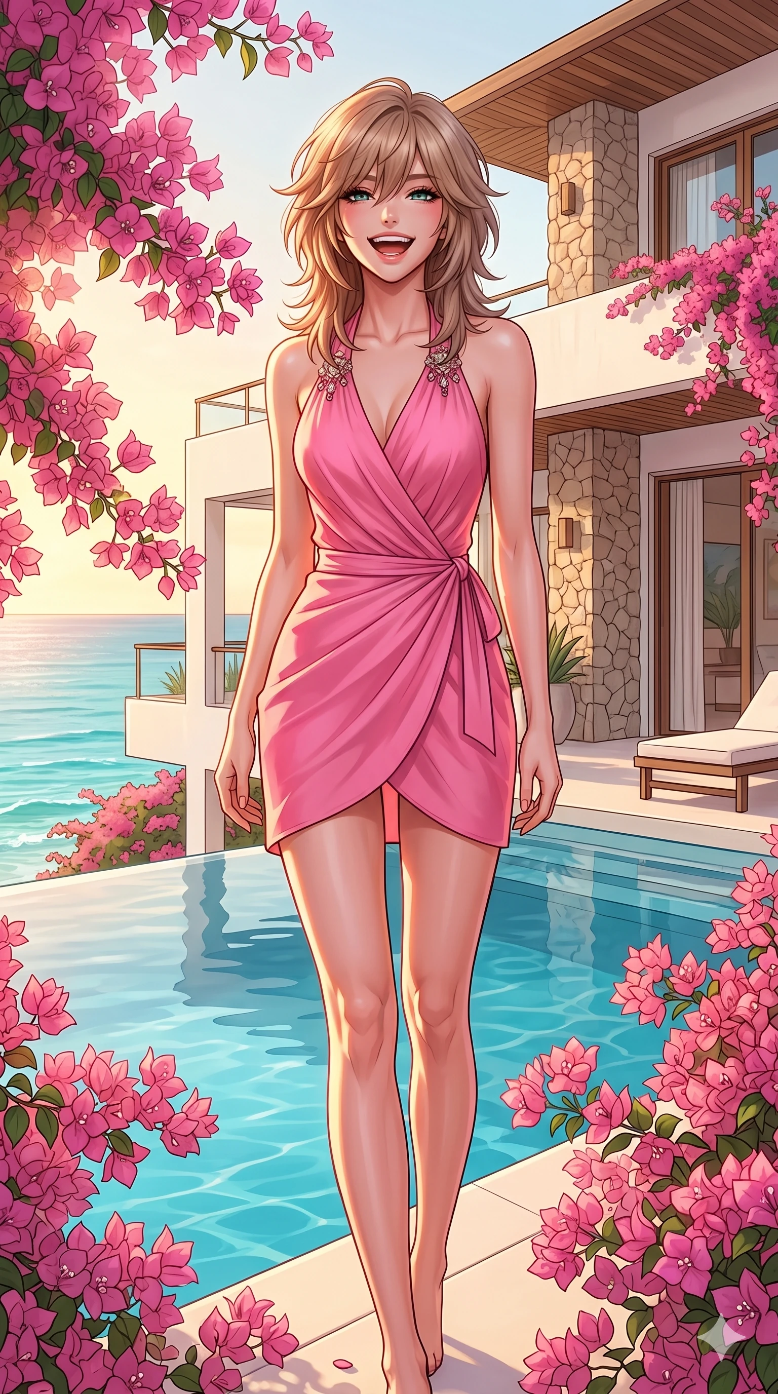 score_9, masterpiece, best quality, ultra-detailed, high-budget anime keyframe, editorial fashion photography, tasteful artistic composition, Japanese woman. cowboy shot from the thighs up, character and outfit filling the frame for maximum editorial presence. laughing joyfully, her eyes shining with happy energy, head tilted slightly standing by a pool of a luxury beach villa with pink bougainvillea flowers. She has an absolutely perfect 8-heads proportion, an exceptionally tall and slender female figure with impossibly long slender legs and an ultra-slim waist. V-shaped jawline, high-bridge nose, intricate jewel-like eyes with depth, thick eyelashes, glossy lips with a natural sheen. wearing a vibrant pink wrap dress with a graceful halter neck and bare shoulders. drenched in warm golden hour light that makes the pink flowers and dress glow intensely. 2k, ultra detail, master piece, 9:16 ratio