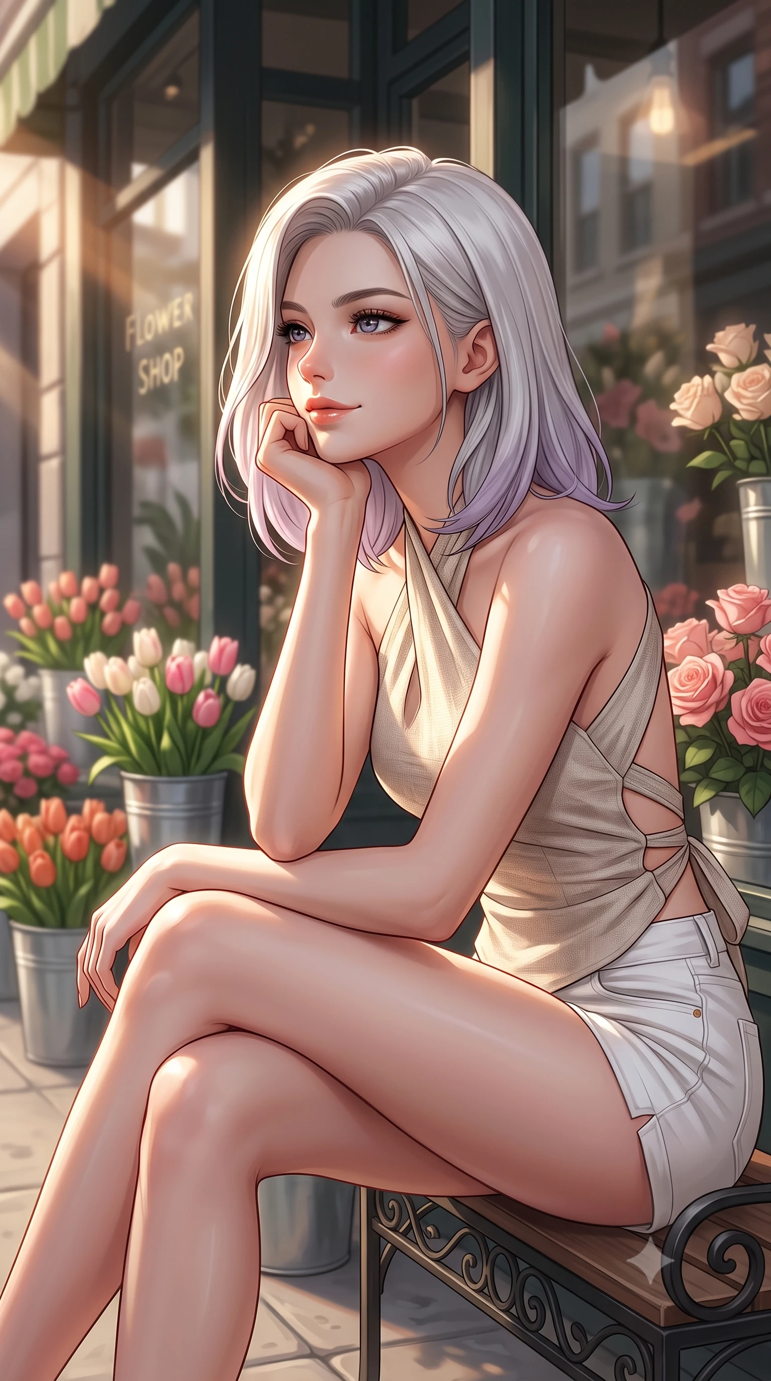 score_9, masterpiece, best quality, ultra-detailed, high-budget anime keyframe, editorial fashion photography, tasteful artistic composition, Caucasian woman woman. close-up cowboy shot from the waist and thighs up, the character dominates the composition, filling the frame with her large presence, background elements kept in soft focus. resting her chin on her hand, looking out at the beautiful scenery with a soft smile the background shows a soft-focus the front of a chic flower shop in the city, with buckets of fresh tulips and roses on the sidewalk. She has an exceptionally elegant, slender, and willowy female figure with an ultra-slim waist, a gracefully sculpted slender torso, and a refined silhouette. sharp v-shaped jawline, high-bridge nose, intricate jewel-like eyes with depth, thick eyelashes, glossy lips with a natural sheen. wearing a tailored stylish linen halter top with an open-back design, paired with white micro-shorts. warm afternoon sunbeams reflecting off the glass shopfront and colorful flowers. 2k, ultra detail, master piece, 9:16 ratio