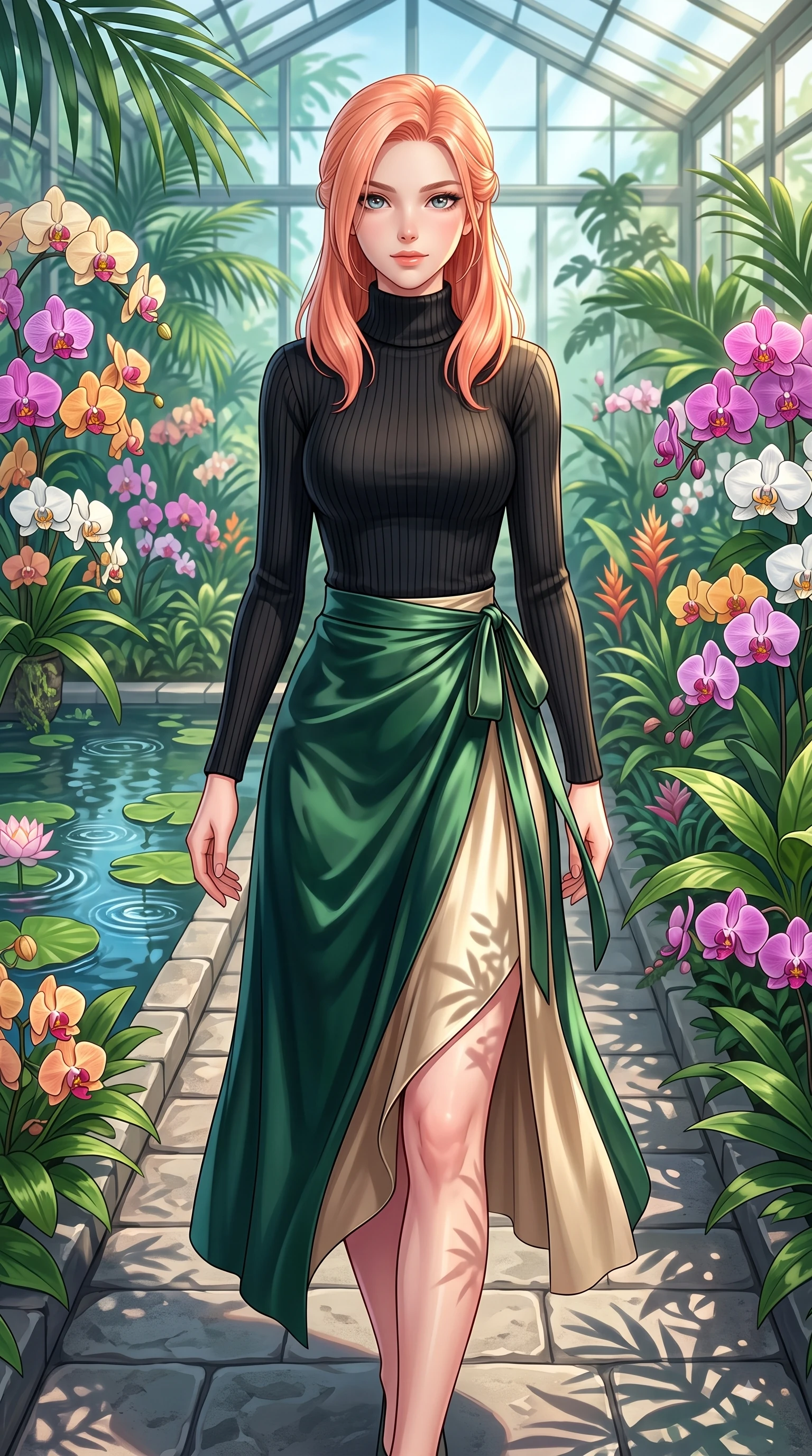 score_9, masterpiece, best quality, ultra-detailed, high-budget anime keyframe, editorial fashion photography, tasteful artistic composition, Japanese woman. close-up cowboy shot from the waist and thighs up, the character dominates the composition, filling the frame with her large presence. Pure innocent expression with clear crystalline eyes, a gentle tender smile, and an airy serene aura while stepping along a stone greenhouse aisle surrounded by vibrant tropical foliage. The surrounding environment is rendered in vivid detail and crisp panoramic clarity. vibrant orchid blossoms, lotus pond ripples, and detailed greenhouse pathways in deep focus. She has an exceptionally elegant, slender, and willowy female figure with an ultra-slim waist, a gracefully sculpted slender torso, and a refined silhouette. sharp v-shaped jawline, high-bridge nose, intricate jewel-like eyes with depth, thick eyelashes, glossy lips with a natural sheen, flawlessly proportioned anatomical accuracy, natural body alignment, perfectly sculpted elegant limbs, clean dynamic posture without body distortion. wearing a chic black ribbed turtleneck knit dress accentuating her slender waist in deep emerald green and champagne gold, crafted from smooth liquid silk satin, accented with a delicate side waist sash creating fluid lines, the chic fashion cut framing her graceful clavicle and slender torso. illuminated by fresh botanical ambient glow with organic leaf stencil shadows. highly saturated vibrant anime colors, detailed shading with soft gradients, rich glossy textures, high-contrast stereoscopic depth, volumetric dynamic lighting, master piece, 9:16 ratio