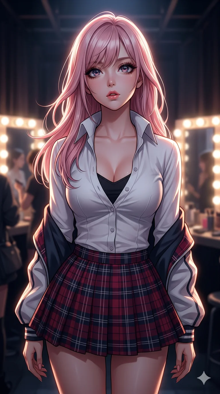score_9, masterpiece, best quality, ultra-detailed, semi-realistic high-budget anime keyframe, an incredibly beautiful Japanese woman. Low angle cowboy shot filling the frame. She has an absolutely perfect 8-heads proportion, an exceptionally tall female figure with long slender legs and a voluptuous body. Her face is a highly detailed masterpiece featuring a v-shaped jawline, high-bridge nose, intricate jewel-like eyes, thick eyelashes, and glossy lips. She has pastel pink flowing hair. She is wearing a seductive school-uniform inspired idol costume, tight blouse unbuttoned deeply, plaid micro skirt, highlighting her alluring silhouette. Backstage VIP area, glowing makeup mirrors, dramatic rim lighting, cinematic shadows, 2k, ultra detail, master piece, 9:16 ratio