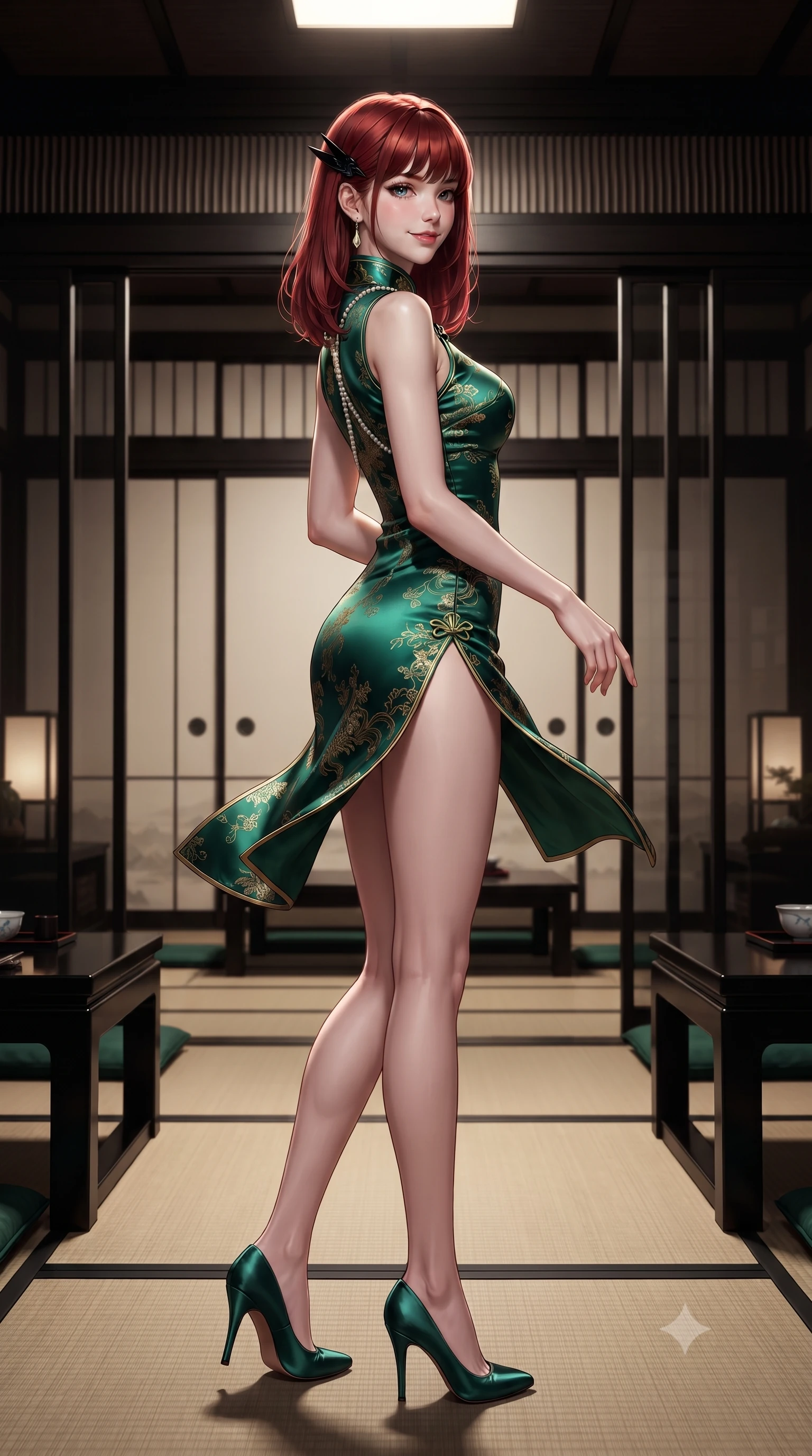 score_9, masterpiece, best quality, ultra-detailed, high-budget anime keyframe, editorial fashion photography, tasteful artistic composition, Caucasian woman. low angle full-body shot from head to toe showing her feet, filling the entire 9:16 vertical frame with her statuesque presence, stretching her vertical silhouette. executing a slow, graceful pivot turn as her skirt sways around her slender legs, glancing back with an enchanting, teasing sensual expression while twisting her slender torso in an alluring contrapposto stance, low lacquered ebony tables and sliding smoked glass panels framing her curves. The surrounding environment is rendered in vivid detail and crisp panoramic clarity: detailed form-fitting modern cheongsam-cut silk mini dress tailoring, obsidian hair clip gleam, and Japanese luxury interior design in razor-sharp precision. She has an absolutely perfect, statuesque 8.5-heads proportion, an exceptionally tall and slender model-like female figure with impossibly long slender legs, an ultra-slim waist, a flat toned midriff, narrow delicate ribcage, and beautifully sculpted feminine hips creating a graceful, slim hourglass silhouette without any bulky heaviness. sharp v-shaped jawline, high-bridge nose, sparkling eyes with hypnotic seductive depth, thick curled eyelashes, glossy parted lips with a natural dewy peach sheen, alluring bedroom-eyes with an enchanting coquettish smile, exuding magnetic siren charisma and sophisticated glamour, flawlessly proportioned anatomical accuracy, strict slender model proportions, natural body alignment, perfectly sculpted long slender limbs, ultra-slim waistline, clean dynamic posture without body distortion. wearing a criss-cross halterneck keyhole bodysuit with open back and sculpted waist darts in desert gold and shimmering sand dune champagne, tailored from fine structural neoprene with crisp architectural edges and smooth contouring, accented with a pearl-drop body harness subtly framing her dewy collarbones and spine, the glove-like clinging cut tightly following the natural contour of her hips and long slender legs with youthful 8.5-heads elegance. illuminated by black lacquer reflection bounce and sharp platinum-gold rim lights sculpting her jawline, narrow waist, and curvy hips. ultra-reflective glossy finish, specular highlights, rich textural contrasts, high-contrast stereoscopic depth, volumetric dynamic lighting, 2k, ultra detail, master piece, 9:16 ratio