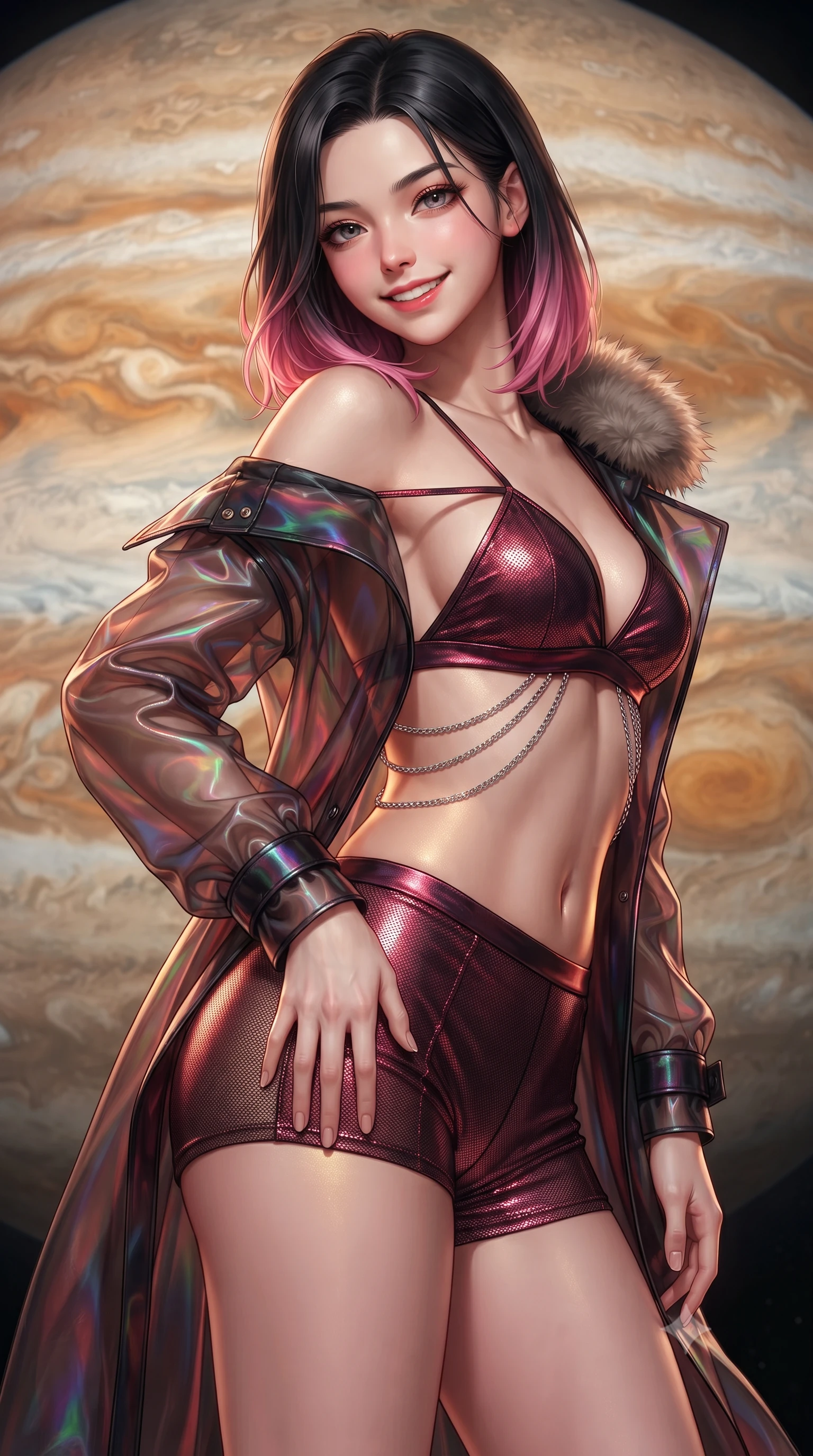 score_9, masterpiece, best quality, ultra-detailed, high-budget anime keyframe, editorial fashion photography, tasteful artistic composition, Korean woman. close-up cowboy shot from the waist and thighs up, the character dominates the composition, filling the frame with her large presence. tilting her head with a teasing half-smile, running one hand slowly down the side of her hip in a flirtatious S-curve as ambient light caresses her silhouette while twisting her slender torso in an alluring contrapposto stance, rich amber and cream Jupiter-light painting dynamic highlights across her narrow waist and curvy hips. The surrounding environment is rendered in vivid detail and crisp panoramic clarity: detailed thermal officer coat tailoring, fur-trimmed collar, and monumental planetary scale in razor-sharp precision. She has an exceptionally elegant, slender, and willowy female figure with an ultra-slim waist, flat toned midriff, narrow ribcage, and sculpted feminine hips creating an alluring, slim hourglass silhouette without bulk. sharp v-shaped jawline, high-bridge nose, intricate jewel-like sparkling eyes with depth, thick eyelashes, glossy parted lips with a natural peach sheen, bright cheerful beaming smile with an enchanting and coquettish sensual glint, exuding both youthful cute charm and seductive allure, flawlessly proportioned anatomical accuracy, strict slender model proportions, natural body alignment, perfectly sculpted long slender limbs, ultra-slim waistline, clean dynamic posture without body distortion. wearing a translucent iridescent organza tactical robe slipping off bare shoulders over a matching satin micro-bralette and combat shorts in Star-Fortress obsidian black and imperial crimson, crafted from stretch micro-mesh with liquid foil coating that shimmers with every movement, accented with an open-back drape framed by falling strands of delicate chrome chains, the liquid-tight tailored fabric clinging flawlessly to her narrow waist and rounded feminine hips, emphasizing every millimeter of her sculpted slim hourglass curves without any bulky heaviness. illuminated by snow reflection bounce and sharp Jupiter-amber rim lights sculpting her razor-sharp jawline, narrow waist, and curvy hips. ultra-reflective glossy finish, specular highlights, rich textural contrasts, high-contrast stereoscopic depth, volumetric dynamic lighting, 2k, ultra detail, master piece, 9:16 ratio