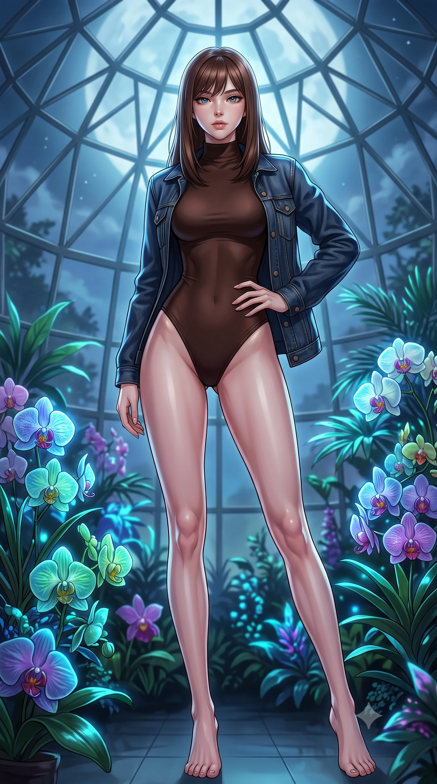 score_9, masterpiece, best quality, ultra-detailed, high-budget anime keyframe, editorial fashion photography, tasteful artistic composition, Korean woman. low angle full-body shot from head to toe showing her feet, filling the entire 9:16 vertical frame with her statuesque presence, stretching her vertical silhouette. posing confidently with one hand on her hip, stretching her statuesque body to emphasize her curves the background shows a soft-focus a geodesic glass greenhouse dome filled with glowing bioluminescent tropical orchids. She has an absolutely perfect, statuesque 8.5-heads proportion, an exceptionally tall and slender model-like female figure with impossibly long slender legs and an ultra-slim waist. sharp v-shaped jawline, high-bridge nose, intricate jewel-like eyes with depth, thick eyelashes, glossy lips with a natural sheen. wearing a body-hugging form-contouring high-neck bodysuit in dark brown, worn under a tailored open denim jacket. cool ambient moonlight filtering through glass ceiling panels. highly saturated vibrant anime colors, detailed shading with soft gradients, rich glossy textures, high-contrast stereoscopic depth, volumetric dynamic lighting, master piece, 9:16 ratio