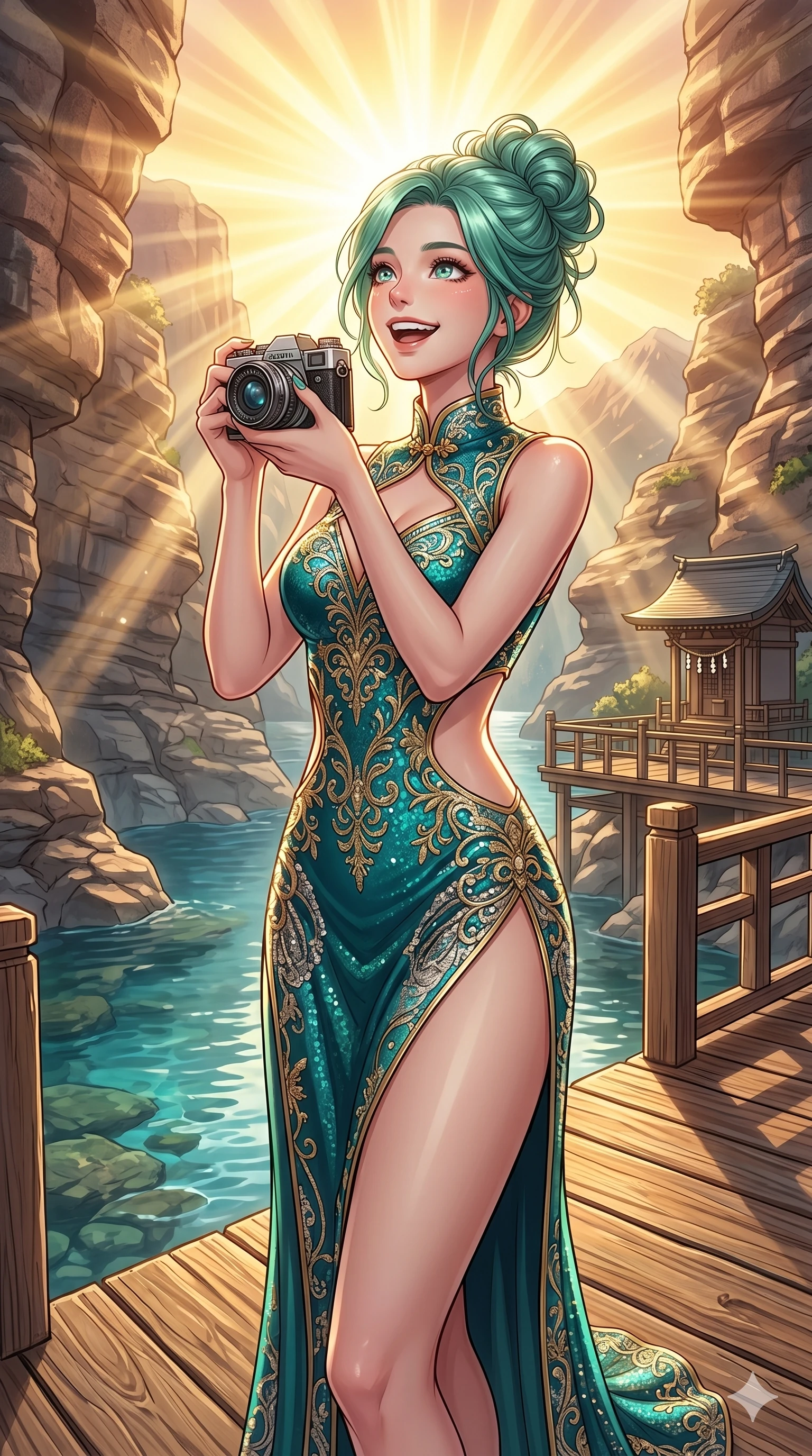 score_9, masterpiece, best quality, ultra-detailed, high-budget anime keyframe, vibrant anime aesthetic, Japanese woman. cowboy shot from the thighs up, character and outfit filling the frame for maximum presence. She is holding a camera with a bright grin, looking up with a joyful expression on a wooden deck over a river pool in a canyon (Code-P20-115). She has an absolutely perfect 8-heads proportion, an exceptionally tall and slender female figure with impossibly long slender legs and an ultra-slim waist. V-shaped jawline, high-bridge nose, intricate jewel-like eyes with depth, thick eyelashes, glossy lips with a natural sheen. wearing a bodycon dress with side cutouts and high-slit leg line. She is brilliant golden rays radiating from the spring sky, creating a warm glowing atmosphere. 2k, ultra detail, master piece, 9:16 ratio