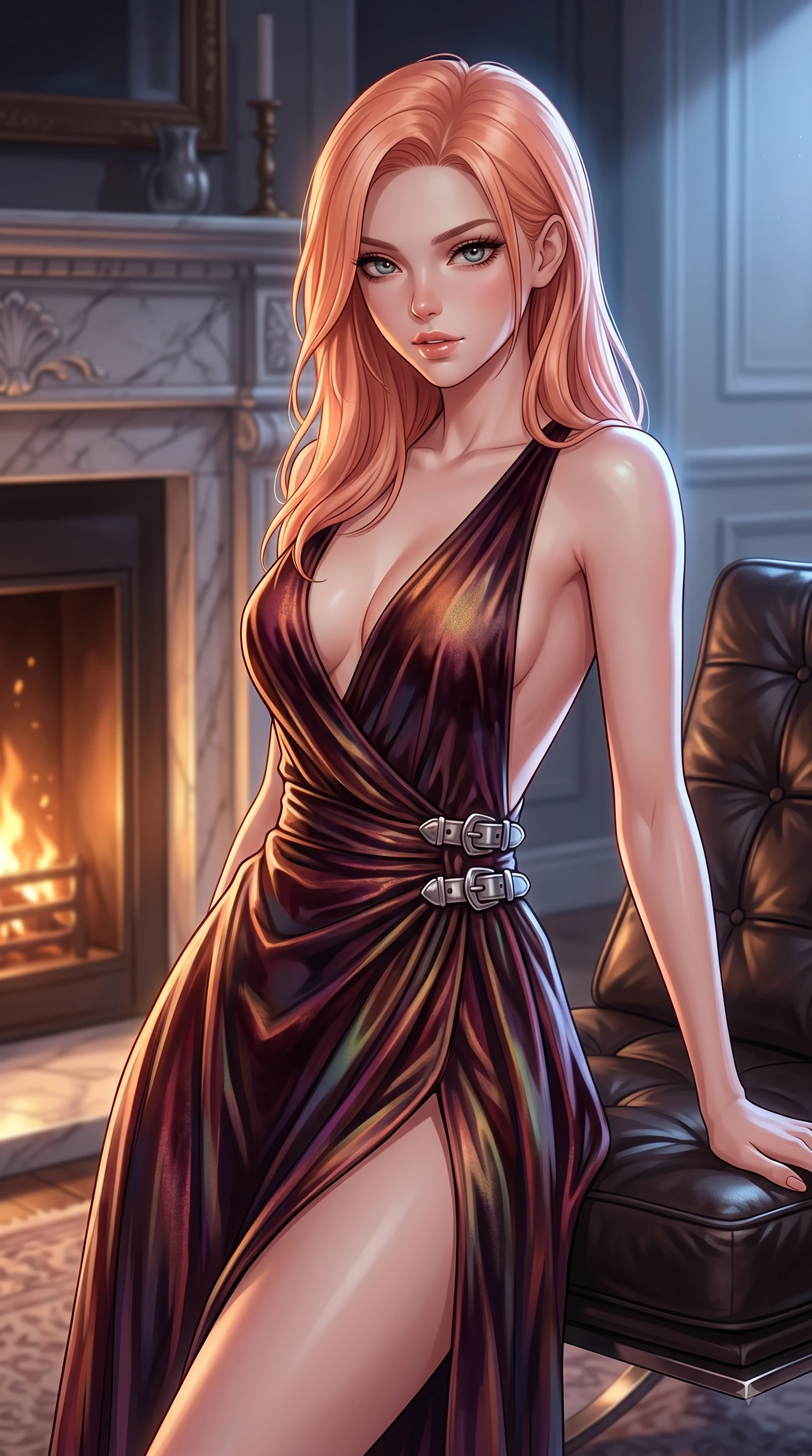 score_9, masterpiece, best quality, ultra-detailed, high-budget anime keyframe, editorial fashion photography, tasteful artistic composition, Japanese woman. close-up cowboy shot from the waist and thighs up, the character dominates the composition, filling the frame with her large presence, background elements kept in soft focus. Leaning forward gracefully with lips parted, casting a smoldering magnetic gaze directly into the lens while resting on a leather lounge chair by a marble fireplace as soft golden hearth embers highlight her slender torso, soft moonlight tracing her slender shoulder, graceful clavicle, and contoured waistline elegantly. She has an exceptionally elegant, slender, and willowy female figure with an ultra-slim waist, a gracefully sculpted slender torso, and a refined silhouette. sharp v-shaped jawline, high-bridge nose, intricate jewel-like eyes with depth, thick eyelashes, glossy lips with a natural sheen, flawlessly proportioned anatomical accuracy, natural body alignment, perfectly sculpted elegant limbs, clean dynamic posture without body distortion. wearing a backless crushed velvet gown with a deep V-neckline and high thigh slit in deep burgundy and bronze, crafted from iridescent chiffon that shifts colors in the light, detailed with polished silver buckles along the waistline, the sleek second-skin texture accentuating her magnetic presence. surrounded by a cozy, intimate glow with smooth high-contrast stereoscopic depth. highly saturated vibrant anime colors, detailed shading with soft gradients, rich glossy textures, high-contrast stereoscopic depth, volumetric dynamic lighting, master piece, 9:16 ratio