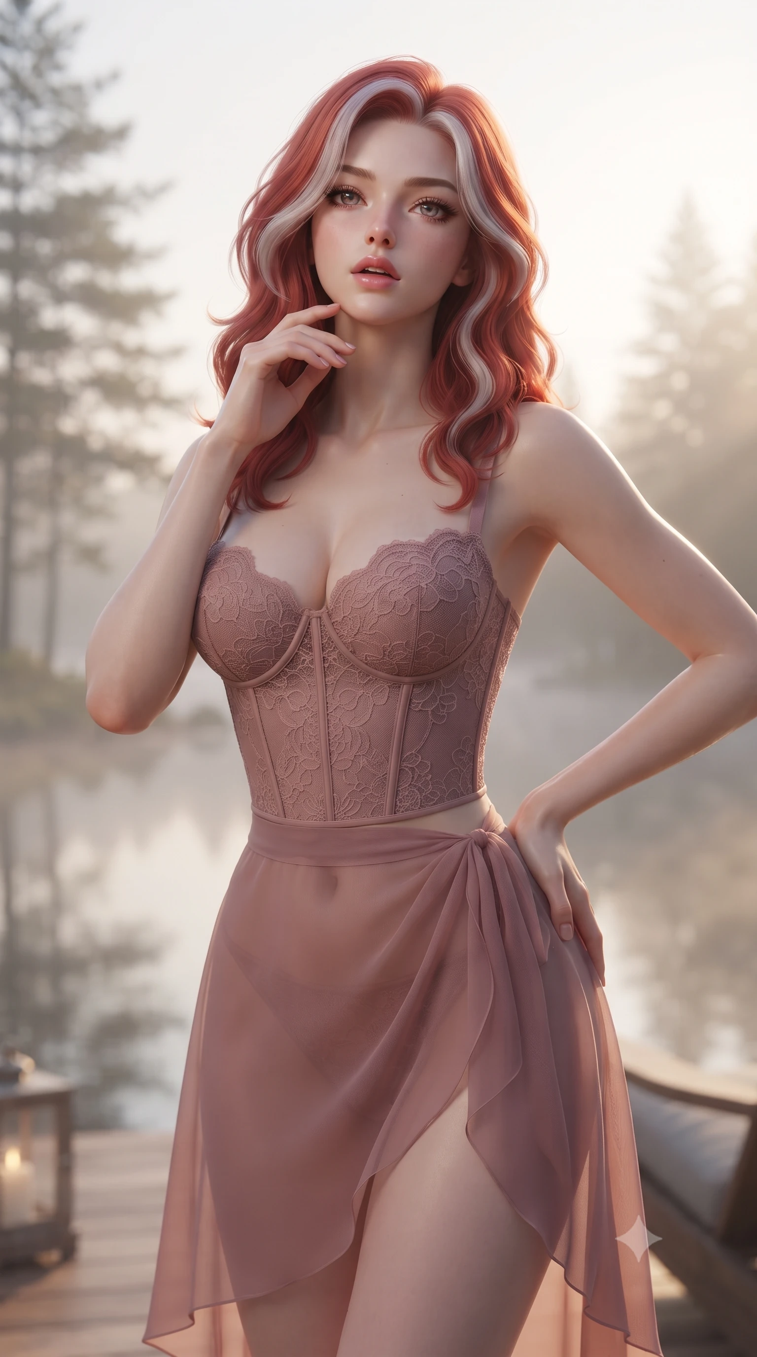 score_9, masterpiece, best quality, ultra-detailed, high-budget anime keyframe, editorial fashion photography, tasteful artistic composition, Caucasian woman. close-up cowboy shot from the waist and thighs up, the character dominates the composition, filling the frame with her large presence, background elements kept in soft focus. tilting her chin up slightly with lips parted in a composed, provocative expression the background shows a soft-focus a glamping veranda overlooking a misty lake at dawn with pine trees in soft focus. She has an exceptionally elegant, slender, and willowy female figure with an ultra-slim waist, a gracefully sculpted slender torso, and a refined silhouette. sharp v-shaped jawline, high-bridge nose, intricate jewel-like eyes with depth, thick eyelashes, glossy lips with a natural sheen. wearing a form-contouring delicate lace corset-style bustier top in dusty rose, paired with a sheer chiffon wrap skirt. soft morning mist diffusing the warm sunbeams, creating a tranquil atmosphere. ultra-reflective glossy finish, specular highlights, metallic sheen, high-contrast stereoscopic depth, volumetric dynamic lighting, 2k, ultra detail, master piece, 9:16 ratio