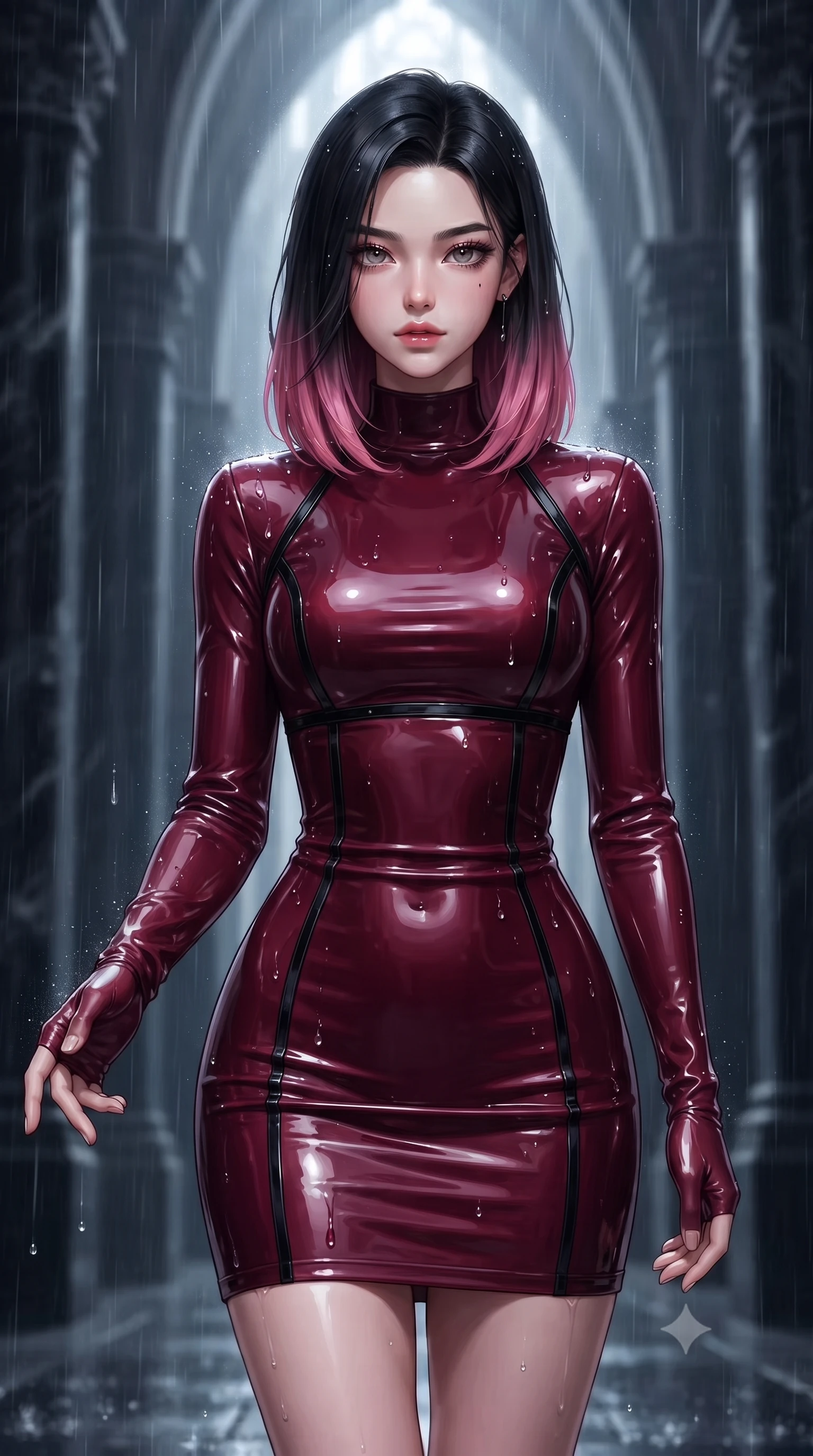 score_9, masterpiece, best quality, ultra-detailed, high-budget anime keyframe, editorial fashion photography, tasteful artistic composition, Korean woman. close-up cowboy shot from the waist and thighs up, the character dominates the composition, filling the frame with her large presence, background elements kept in soft focus. Reaching one hand toward the viewer with relaxed dark elegance, walking along an aisle of pitch-black marble pillars enveloped in torrential midnight rain, cold rain droplets sparkling like diamonds against her dark attire. She has an exceptionally elegant, slender, and willowy female figure with an ultra-slim waist, a gracefully sculpted slender torso, and a refined silhouette. sharp v-shaped jawline, high-bridge nose, intricate jewel-like eyes with depth, thick eyelashes, glossy lips with a natural sheen. wearing precision-fitted bodycon dress in high-gloss liquid vinyl in deep crimson burgundy, made of high-gloss liquid vinyl, adorned with minimalist black onyx hardware framing the silhouette, sculpting her athletic slender build with refined precision. surrounded by cool silvery moonlight contrast against pitch-black cathedral architecture. highly saturated vibrant anime colors, detailed shading with soft gradients, rich glossy textures, high-contrast stereoscopic depth, volumetric dynamic lighting, master piece, 9:16 ratio