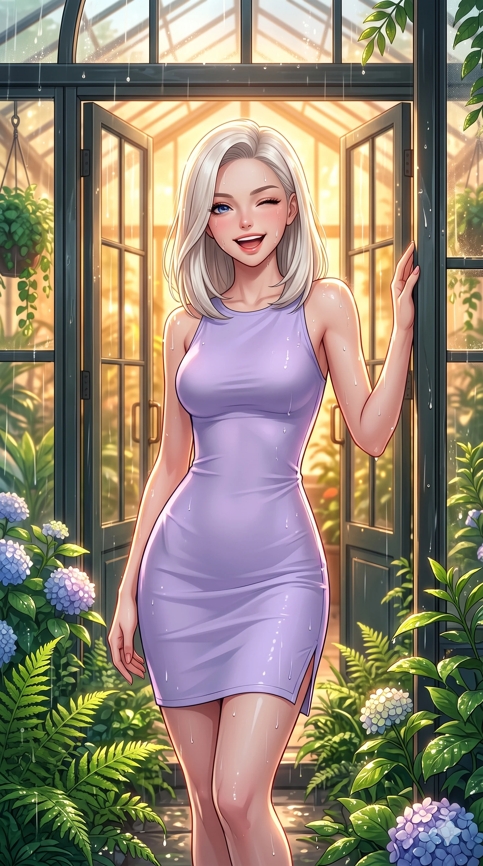 score_9, masterpiece, best quality, ultra-detailed, high-budget anime keyframe, vibrant anime aesthetic, Caucasian woman, strictly human ears. close-up cowboy shot from the waist and thighs up, the character dominates the composition, filling the frame with her large presence, background elements kept in soft focus. She is leaning against a greenhouse frame, winking and laughing happily, her eyes glowing with lively energy standing amidst vibrant green ferns. by a botanical conservatory entrance with large glass double doors, surrounded by rain-drenched hydrangeas (Code-P22-084). She has an absolutely perfect proportion, an exceptionally elegant and slender female figure with an ultra-slim waist. V-shaped jawline, high-bridge nose, intricate jewel-like eyes with depth, thick eyelashes, glossy lips with a natural sheen. wearing a sleek bodycon dress featuring refined side vent accents in pastel lavender. She is drenched in bright, warm sun showers, casting sharp highlights on the raindrops, creating a warm, inviting, and atmospheric glow inside the glass pavilion. 2k, ultra detail, master piece, 9:16 ratio