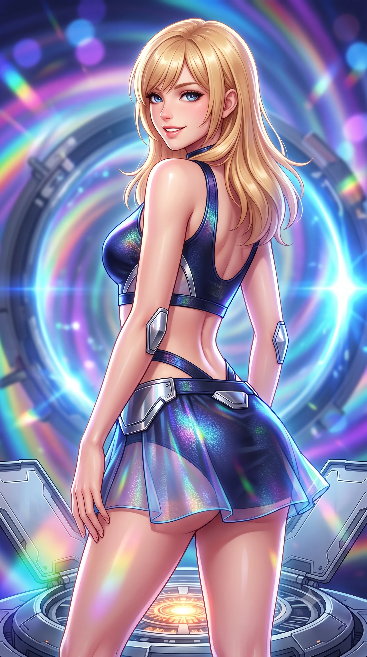 score_9, masterpiece, best quality, ultra-detailed, high-budget anime keyframe, semi-realistic 3D game render, editorial fashion photography, tasteful artistic composition, Caucasian woman. close-up cowboy shot from the waist and thighs up, the character dominates the composition, filling the frame with her large presence. posing in an alluring rear three-quarter angle, turning over a bare shoulder with an intoxicating gaze, her hips cocked back to highlight her slim hourglass curve against the glowing reactor while standing poised on the open launch platform facing the swirling cosmic hyperspace vortex, arching her spine with sovereign supermodel poise. The background shows a soft-focus the colossal spinning warp gate ring and swirling rainbow vortex of folded spacetime blurred into prism, violet, and electric blue bokeh. She has an exceptionally elegant, slender, and willowy female figure with an ultra-slim waist, flat toned midriff, narrow ribcage, and sculpted feminine hips creating an alluring, slim hourglass silhouette without bulk. sharp v-shaped jawline, high-bridge nose, intricate jewel-like sparkling eyes with depth, thick eyelashes, glossy parted lips with a natural sheen, bright confident smile with an enchanting and coquettish sensual glint, exuding both youthful magnetic charm and sovereign high-tech allure, flawlessly proportioned anatomical accuracy, strict slender model proportions, natural body alignment, perfectly sculpted long slender limbs, ultra-slim waistline, clean dynamic posture without body distortion. wearing a body-hugging modern carbon-alloy crop top paired with a low-rise tactical skirt and a subtle waist cut-out in midnight navy blue and holographic iridescent shimmer, woven from layered gossamer holographic organza casting chromatic prism reflections, accented with strategically placed chrome armor plate guards covering key curves, the precision-cut side openings and low-back scoop framing her graceful spine and the sensual sweep of her slim, toned hips. bathed in radiant chromatic prism light and intense electric blue warp ring flashes. highly saturated vibrant anime colors, detailed shading with soft gradients, rich glossy textures, high-contrast stereoscopic depth, volumetric dynamic lighting, master piece, 9:16 ratio
