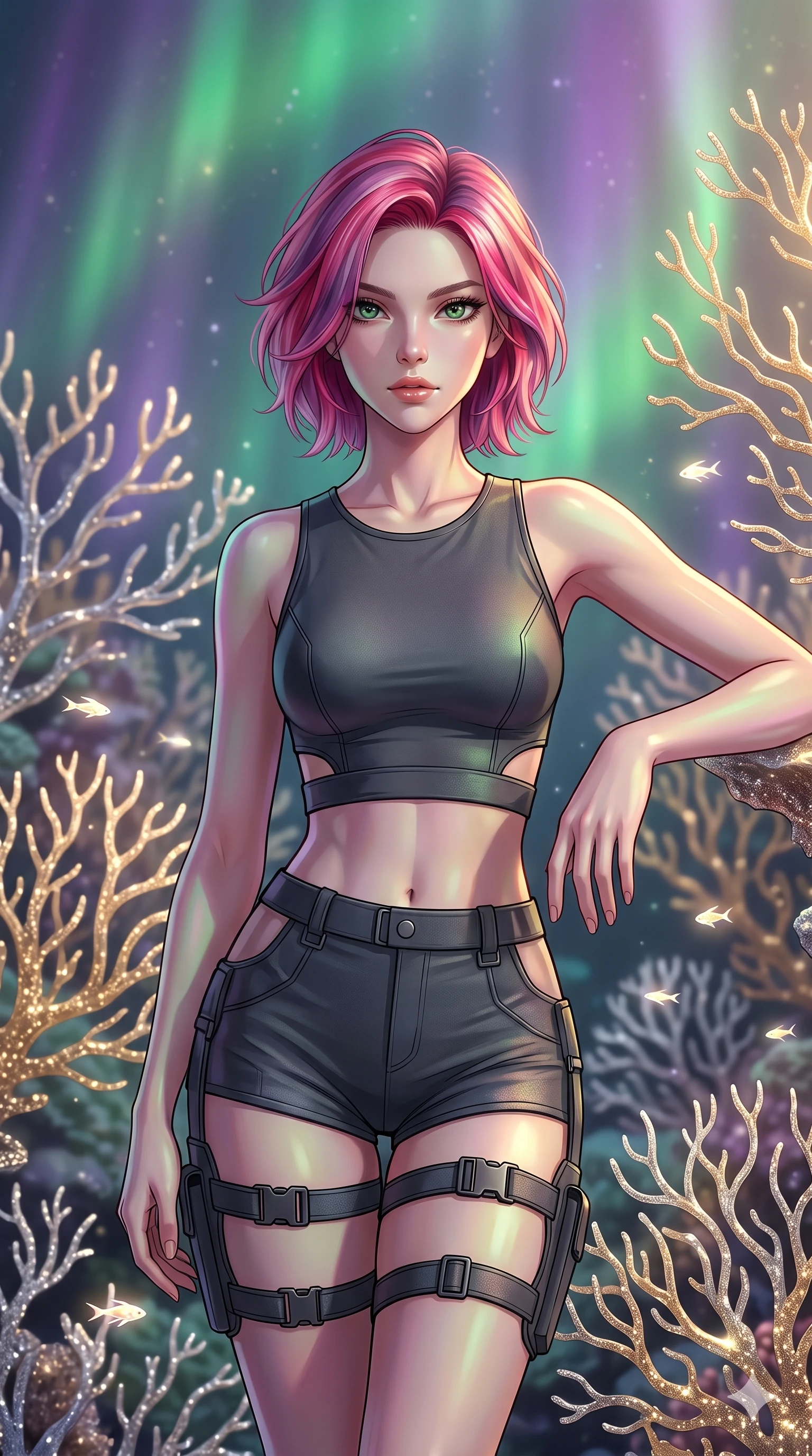 score_9, masterpiece, best quality, ultra-detailed, high-budget anime keyframe, editorial fashion photography, tasteful artistic composition, Caucasian woman, strictly human ears. close-up cowboy shot from the waist and thighs up, the character dominates the composition, filling the frame with her large presence, background elements kept in soft focus. Resting one arm elegantly against a surface with a poised relaxed stance. set against a soft-focus background of an underwater-like garden where coral formations are made entirely of solidified starlight in gold and silver their branches delicate as filigree swaying gently in cosmic currents with tiny light-fish darting between them. She has an exceptionally elegant and slender, willowy female figure with an ultra-slim waist, a gracefully sculpted slender torso, and a refined slim physique. sharp v-shaped jawline, high-bridge nose, intricate jewel-like eyes with depth, thick eyelashes, glossy lips with a natural sheen. wearing a cyber-tactical crop top in dark grey with a subtle waist cutout, paired with matching high-cut shorts and thigh straps. illuminated by a shifting aurora palette of green violet and gold from above. 2k, ultra detail, master piece, 9:16 ratio
