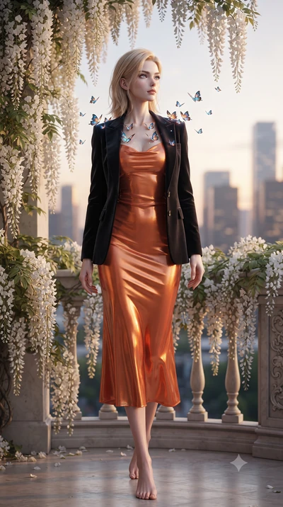 score_9, masterpiece, best quality, ultra-detailed, High-budget Anime Keyframe, editorial fashion photography, tasteful artistic composition, realistic cosplay photography, Caucasian woman, strictly human ears. Low angle cowboy shot filling the entir