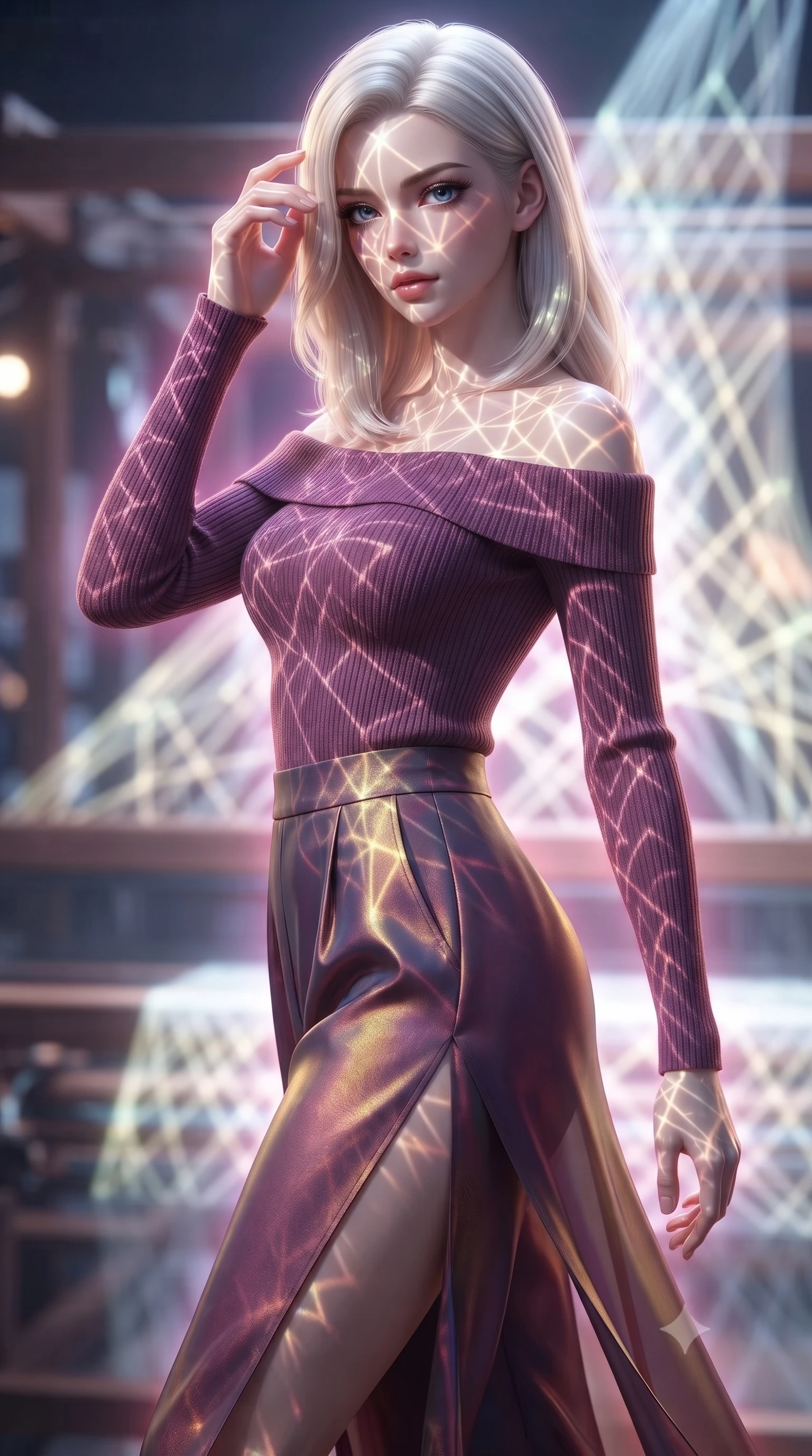 score_9, masterpiece, best quality, ultra-detailed, high-budget anime keyframe, editorial fashion photography, tasteful artistic composition, Caucasian woman. close-up cowboy shot from the waist and thighs up, the character dominates the composition, filling the frame with her large presence, background elements kept in soft focus. Resting her fingers gracefully near her temple, casting a sharp mysterious side-gaze during her stride while pivoting her torso in an S-curve alignment inside a 3D fiber-optic loom void, intricate geometric lattice patterns of light projected onto her skin. She has an exceptionally elegant, slender, and willowy female figure with an ultra-slim waist, a gracefully sculpted slender torso, and a refined silhouette. sharp v-shaped jawline, high-bridge nose, intricate jewel-like eyes with depth, thick eyelashes, glossy lips with a natural sheen, flawlessly proportioned anatomical accuracy, natural body alignment, perfectly sculpted elegant limbs, clean dynamic posture without body distortion. wearing a sleek off-shoulder ribbed knit top paired with high-waist tailored pants in plum purple and gold filigree, crafted from iridescent chiffon that shifts colors in the light, finished with a sleek side slit ascending to mid-thigh, the form-contouring material highlighting her ultra-slim waist and long lines. surrounded by a vibrant fluorescent aura with bright specular rim lights. ultra-reflective glossy finish, specular highlights, metallic sheen, high-contrast stereoscopic depth, volumetric dynamic lighting, 2k, ultra detail, master piece, 9:16 ratio