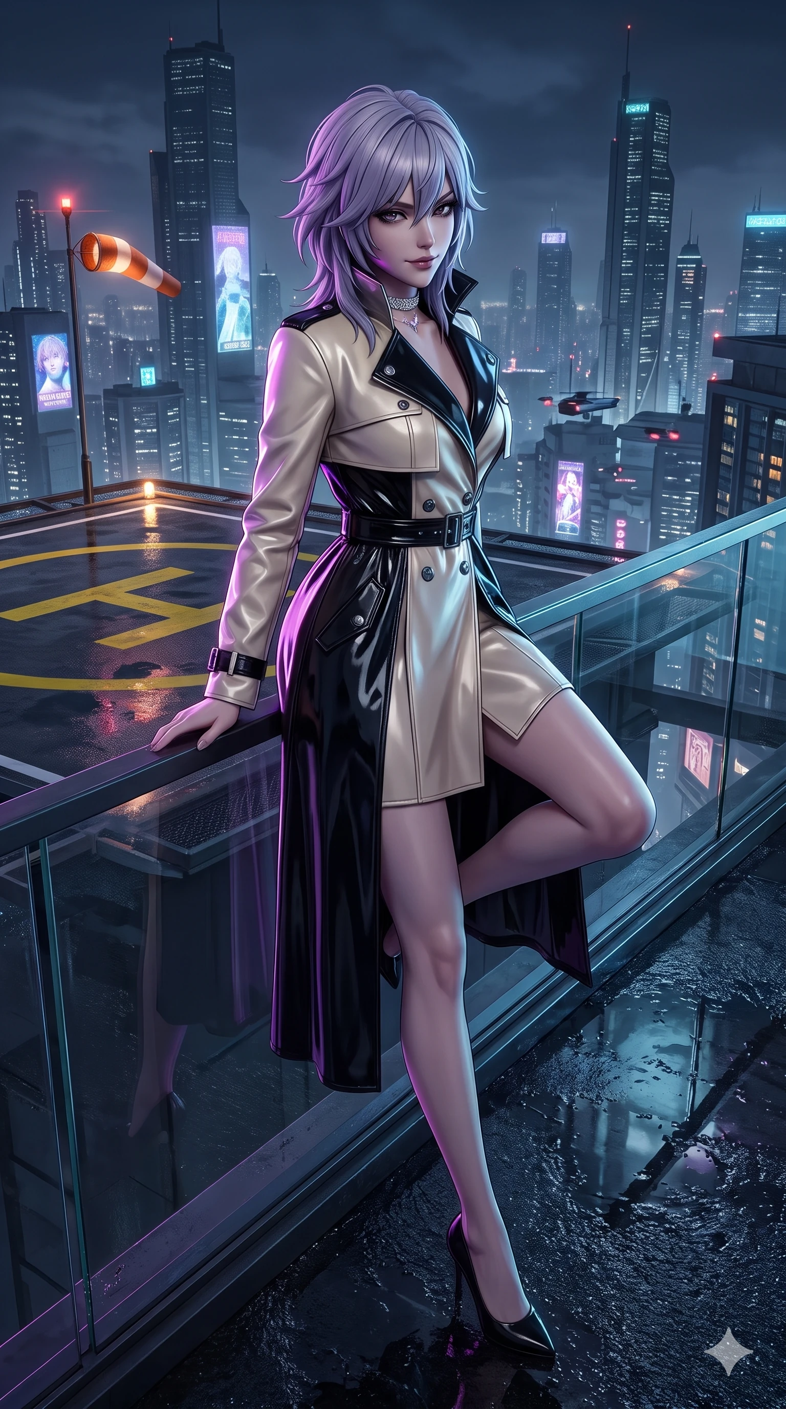 score_9, masterpiece, best quality, ultra-detailed, high-budget anime keyframe, semi-realistic 3D game render, editorial fashion photography, tasteful artistic composition, Japanese woman. low angle full-body shot from head to toe showing her feet, filling the entire 9:16 vertical frame with her statuesque presence, stretching her vertical silhouette. leaning back against the sleek glass parapet with hips cocked back, casting an intoxicating, sultry bedroom-gaze over a bare shoulder toward the lens while perched on the helipad perimeter railing with one knee drawn up, looking down at the cyberpunk city abyss with fearless bedroom-eyes. The surrounding environment is rendered in vivid detail and crisp panoramic clarity: sharp yellow helipad markings, wet tarmac aggregate texture, and illuminated windsock beacon details in deep focus. She has an exceptionally tall and slender model-like 8.5-heads proportion, an ultra-slim waist, a flat toned midriff, narrow delicate ribcage, and beautifully sculpted feminine hips creating a graceful, slim hourglass silhouette without any bulky heaviness, with impossibly long slender legs. sharp v-shaped jawline, high-bridge nose, intricate jewel-like dark sparkling eyes with dangerous depth, thick curled eyelashes, glossy parted lips with a rich wine sheen, smoldering seductive half-smile with bedroom-eyes, exuding effortless superiority and intoxicating dark allure, flawlessly proportioned anatomical accuracy, strict slender model proportions, natural body alignment, perfectly sculpted long slender limbs, ultra-slim waistline, clean dynamic posture without body distortion. wearing a structured high-collar leather trench coat dress with waist-cinching belt and storm flap in celestial champagne ivory and high-gloss jet black, tailored from heavy double-faced silk georgette with an exceptionally fluid drape, finished with a delicate diamond choker catching the chandelier light, the impeccably tailored cut draping gracefully along her slender figure with aristocratic noir poise. illuminated by wet tarmac puddle bounce and sharp ultraviolet rim lights sculpting her razor-sharp jawline, narrow waist, and curvy hips. highly saturated vibrant anime colors, detailed shading with soft gradients, rich glossy textures, high-contrast stereoscopic depth, volumetric dynamic lighting, master piece, 9:16 ratio