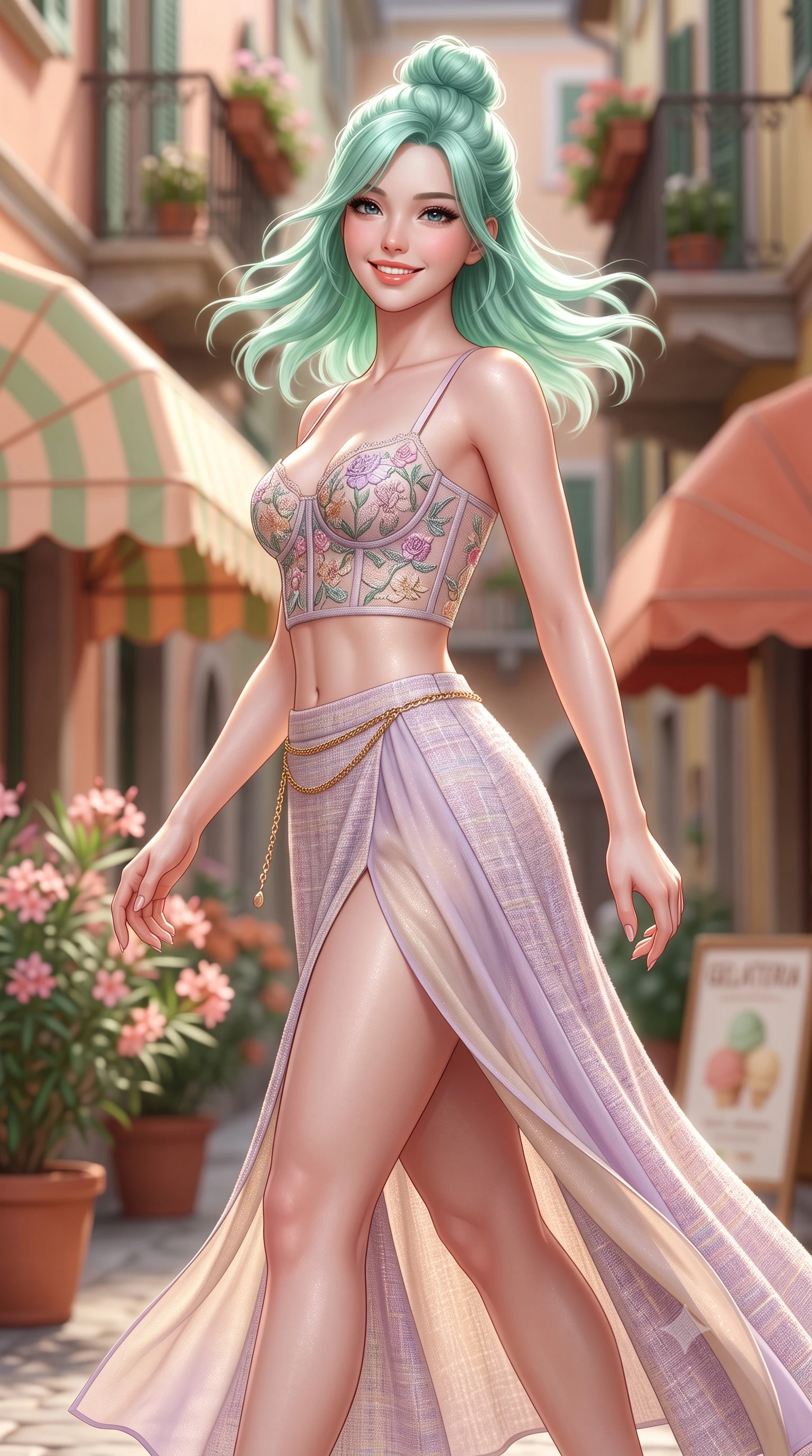 score_9, masterpiece, best quality, ultra-detailed, high-budget anime keyframe, semi-realistic 3D game render, editorial fashion photography, tasteful artistic composition, Japanese woman. close-up cowboy shot from the waist and thighs up, the character dominates the composition, filling the frame with her large presence. turning playfully with a bright confident smile, her glossy hair tossing in the breeze as her hips angle gracefully in a captivating contrapposto while striding through the historic alleyway with supermodel poise, her form-fitting dress clinging to her narrow waist and curvy hips. The composition keeps background elements in soft focus with dreamy creamy bokeh. vintage striped gelateria awnings, potted oleander flowers, and historic Milanese balconies blurred into peach, pistacchio, and terracotta bokeh. She has an exceptionally elegant, slender, and willowy female figure with an ultra-slim waist, flat toned midriff, narrow ribcage, and sculpted feminine hips creating an alluring, slim hourglass silhouette without bulk. sharp v-shaped jawline, high-bridge nose, intricate jewel-like sparkling eyes with depth, thick eyelashes, glossy parted lips with a natural peach sheen, bright cheerful beaming smile with an enchanting and coquettish sensual glint, exuding both youthful cute charm and seductive allure, flawlessly proportioned anatomical accuracy, strict slender model proportions, natural body alignment, perfectly sculpted long slender limbs, ultra-slim waistline, clean dynamic posture without body distortion. wearing a delicate floral embroidery bustier top paired with a flowy high-slit chiffon maxi skirt with a side hip opening in soft lilac and champagne shimmer, tailored from soft pastel tweed with subtle metallic shimmer, accented with a delicate gold chain belt resting loosely on her curvy hips, the form-fitting cut adhering flawlessly to her sculpted flat midriff and slender torso, emphasizing her long leg lines and perfectly proportioned willowy build. illuminated by crisp directional highlights accentuating her sculpted midriff, narrow waist, and curvy hips. highly saturated vibrant anime colors, detailed shading with soft gradients, rich glossy textures, high-contrast stereoscopic depth, volumetric dynamic lighting, master piece, 9:16 ratio
