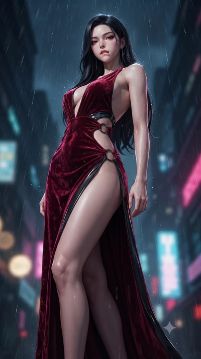 score_9, masterpiece, best quality, ultra-detailed, high-budget anime keyframe, editorial fashion photography, tasteful artistic composition, Korean woman. low angle full-body shot from head to toe showing her feet, filling the entire 9:16 vertical f