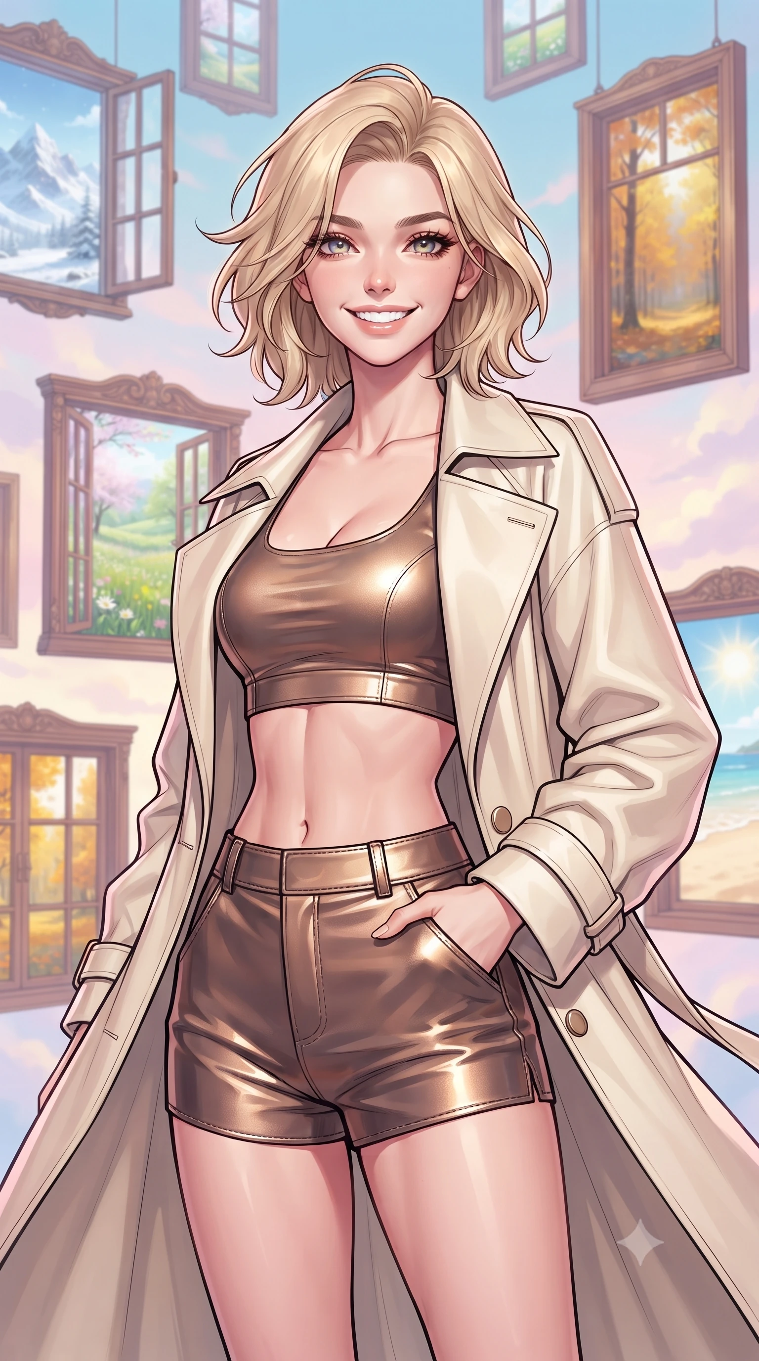 score_9, masterpiece, best quality, ultra-detailed, high-budget anime keyframe, editorial fashion photography, tasteful artistic composition, gorgeous anime illustration, with clean line-art, distinct ink outlines, and high-contrast stereoscopic depth, Caucasian woman, strictly human ears. close-up cowboy shot from the waist and thighs up, the character dominates the composition, filling the frame with her large presence, background elements kept in soft focus. Beaming with a wide, friendly smile that lights up her entire face. set against a soft-focus background of a gallery of ornate wooden window frames floating in a pastel dawn sky, each window opening to a view of a different season or landscape. She has an exceptionally elegant, slender, and willowy female figure with a highly-defined ultra-slim waist, a gracefully sculpted slender torso, and a refined slim-fit silhouette that contours her form. sharp v-shaped jawline, high-bridge nose, intricate jewel-like eyes with depth, thick eyelashes, glossy lips with a natural sheen. wearing a metallic bronze crop top paired with high-waisted matching micro-shorts, under a flowing cream trench coat. starlight and nebula glow casting soft cosmic pink and cyan highlights on her form. 2k, ultra detail, master piece, 9:16 ratio, highly saturated vibrant anime colors, detailed cel-shading with soft gradients, rich glossy textures, deep contrast, volumetric dynamic lighting, 2d animation style