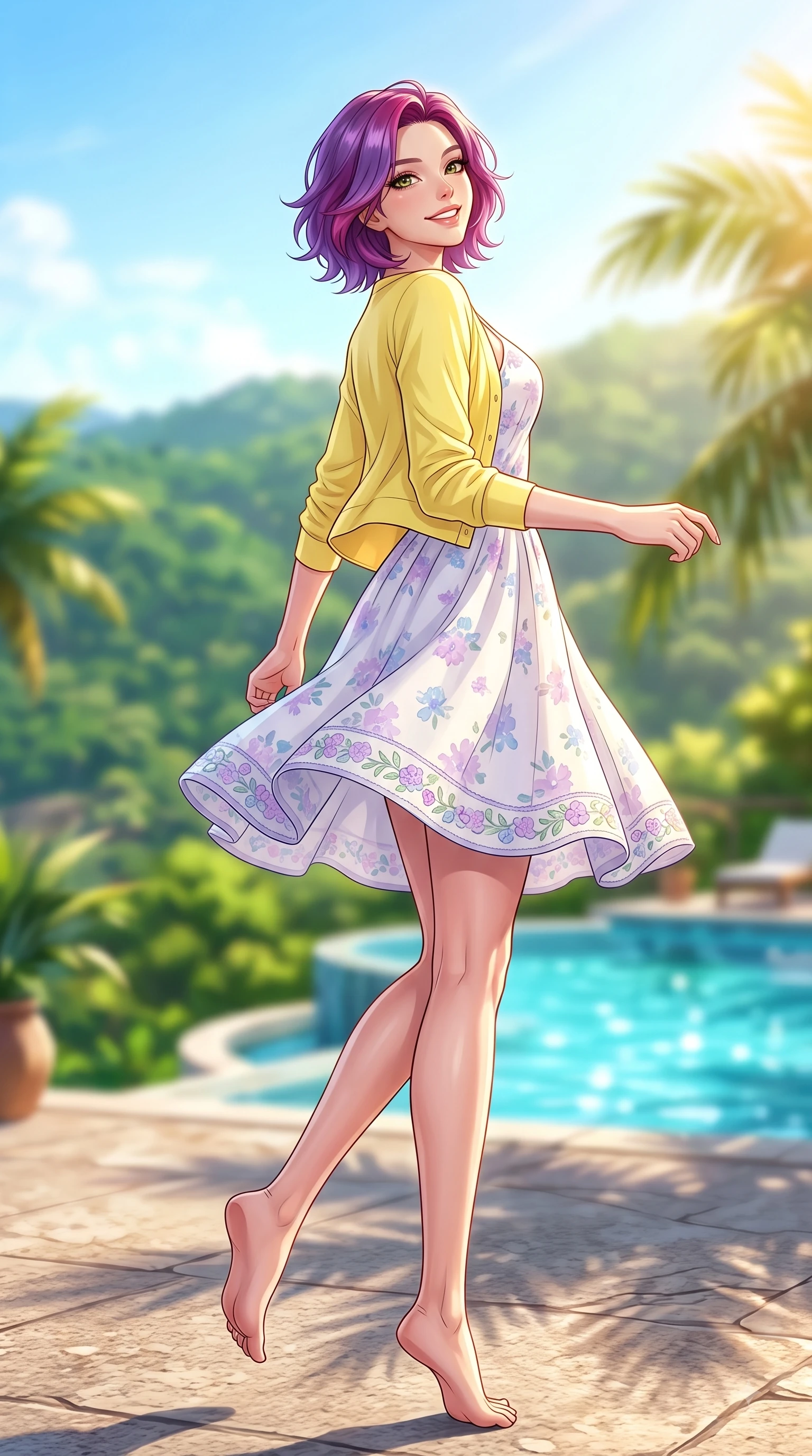 score_9, masterpiece, best quality, ultra-detailed, high-budget anime keyframe, editorial fashion photography, tasteful artistic composition, Caucasian woman. low angle full-body shot from head to toe showing her feet, filling the entire 9:16 vertical frame with her statuesque presence, stretching her vertical silhouette. performing a cheerful mid-motion turn with flawless poise, her radiant smile capturing fresh girlhood energy while pivoting dynamically on an open-air resort terrace with a breathtaking view of lush green hills. The composition keeps background elements in soft focus with dreamy bokeh. sparkling pool water and palm fronds blurred into crisp, dreamy turquoise background bokeh. She has an absolutely perfect, statuesque 8.5-heads proportion, an exceptionally tall and slender model-like female figure with impossibly long slender legs and an ultra-slim waist. sharp v-shaped jawline, high-bridge nose, intricate jewel-like eyes with depth, thick eyelashes, glossy lips with a natural sheen, flawlessly proportioned anatomical accuracy, natural body alignment, perfectly sculpted elegant limbs, clean dynamic posture without body distortion. wearing a fresh lemon-yellow cardigan over a white floral print slip dress in soft pastel lavender and sky blue, tailored from crisp cotton poplin, complemented by delicate embroidered floral trim along the hem, the soft airy drape swaying gracefully with her dynamic movements. illuminated by warm golden afternoon sunbursts casting crisp highlights. highly saturated vibrant anime colors, detailed shading with soft gradients, rich glossy textures, high-contrast stereoscopic depth, volumetric dynamic lighting, master piece, 9:16 ratio