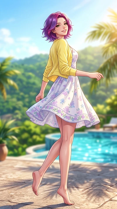 score_9, masterpiece, best quality, ultra-detailed, high-budget anime keyframe, editorial fashion photography, tasteful artistic composition, Caucasian woman. low angle full-body shot from head to toe showing her feet, filling the entire 9:16 vertica