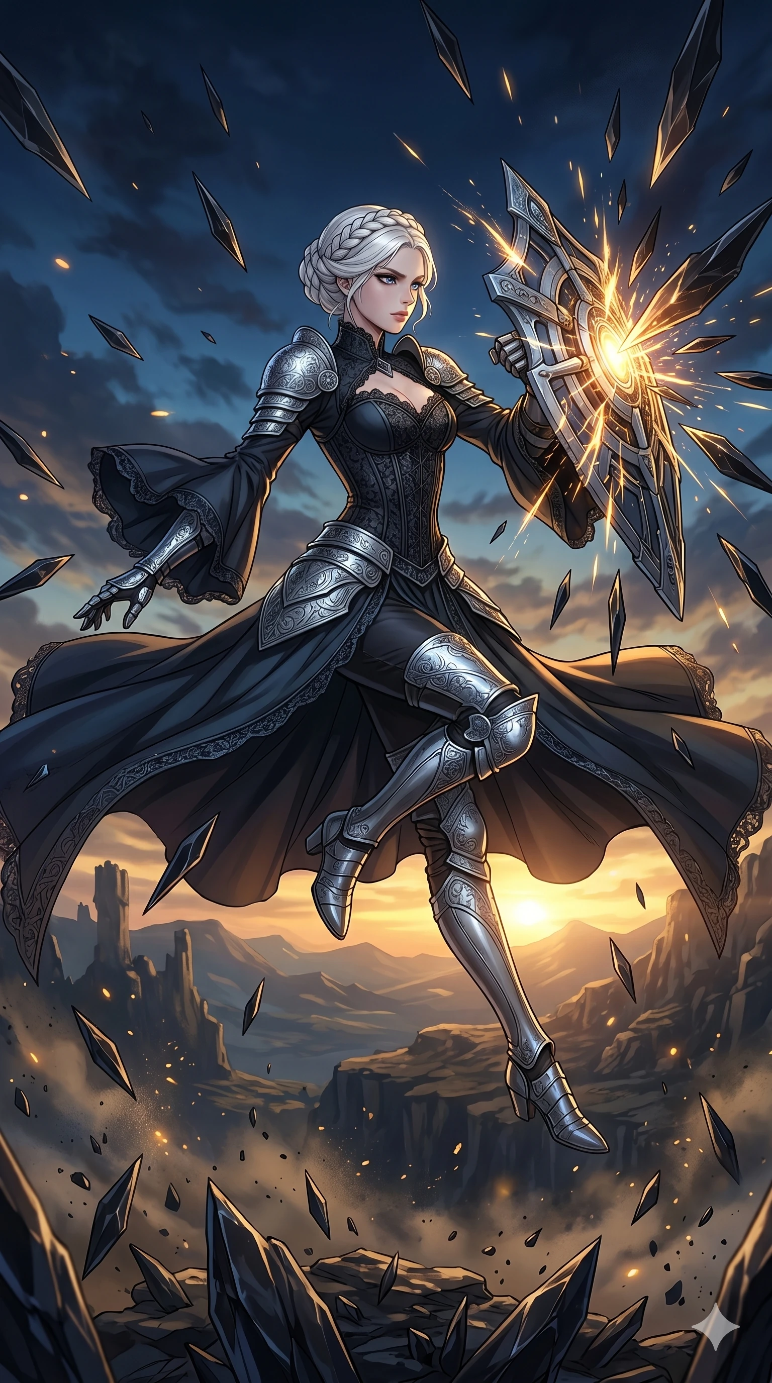 score_9, masterpiece, best quality, ultra-detailed, high-budget anime movie keyframe, cinematic anime lighting, intricate line art, Caucasian (strictly human ears) woman. Mid-air action shot capturing a graceful twist and vertical silhouette. deflecting a rain of obsidian shards with a glowing mechanical shield. She has an absolutely perfect 8-heads proportion, an exceptionally tall and slender female figure with an ultra-slim waist and impossibly long slender legs. strictly human anatomy, two legs only, no extra limbs, clearly defined legs and arms, perfect anatomy, perfect hands and fingers. sharp v-shaped jawline, high-bridge nose, intricate jewel-like eyes, thick eyelashes, glossy lips. Wearing Dark Fantasy: Gothic lace corset gown, bell-sleeved sorceress robes, and engraved silver plate armor over silk. The scene is illuminated by dramatic atmospheric lighting and vibrant color palettes. , 2k, ultra detail, master piece, 9:16 ratio