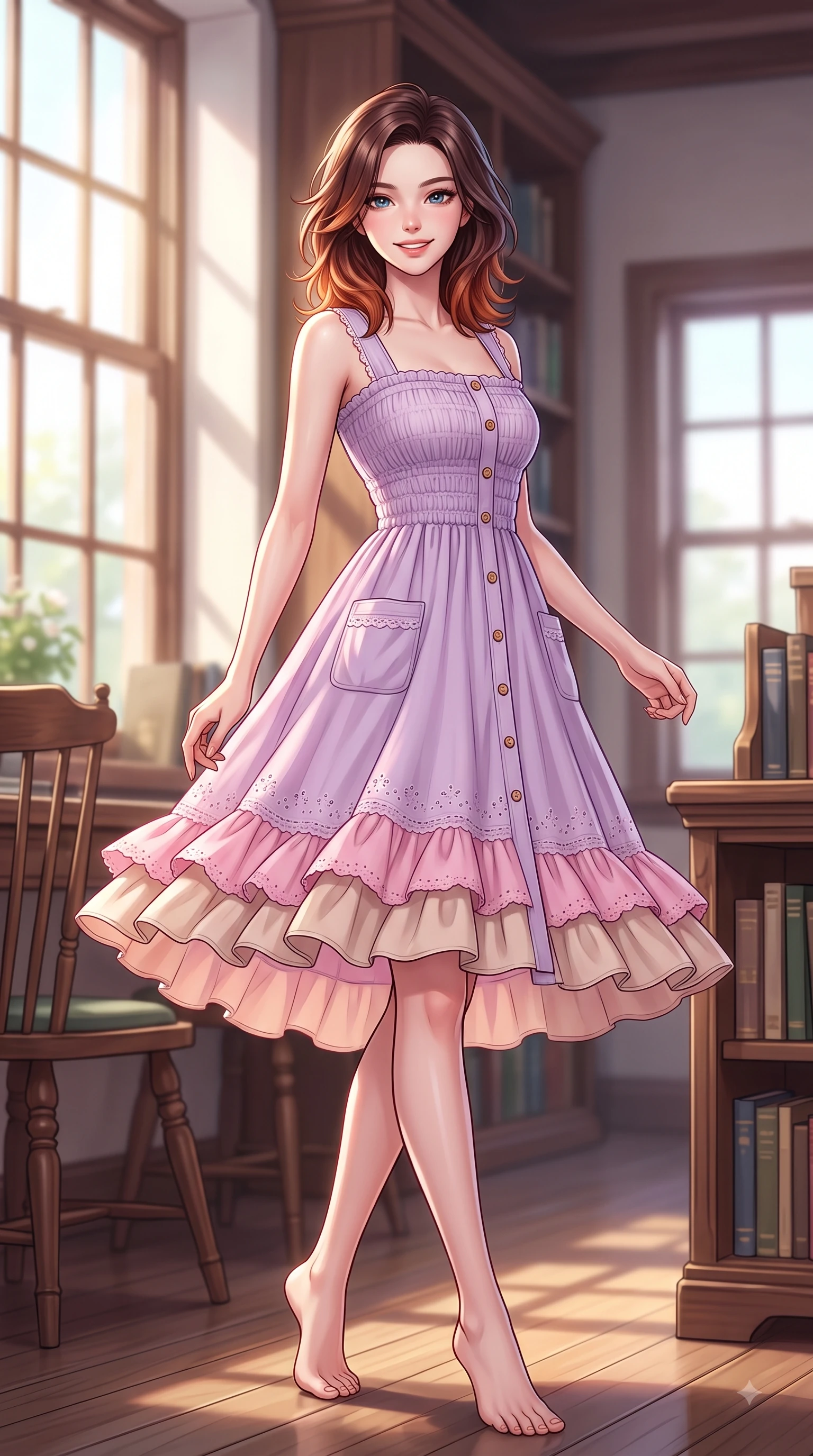 score_9, masterpiece, best quality, ultra-detailed, high-budget anime keyframe, editorial fashion photography, tasteful artistic composition, Korean woman. low angle full-body shot from head to toe showing her feet, filling the entire 9:16 vertical frame with her statuesque presence, stretching her vertical silhouette. pivoting dynamically with a fresh infectious smile, her ultra-slim waist creating a sweeping fluid curve while pivoting dynamically in a quiet library nook with a sweet, intelligent smile and sparkling eyes. The composition keeps background elements in soft focus with dreamy bokeh. sun-drenched library windows and vintage wooden furniture softened in quiet shallow focus. She has an absolutely perfect, statuesque 8.5-heads proportion, an exceptionally tall and slender model-like female figure with impossibly long slender legs and an ultra-slim waist. sharp v-shaped jawline, high-bridge nose, intricate jewel-like eyes with depth, thick eyelashes, glossy lips with a natural sheen, flawlessly proportioned anatomical accuracy, natural body alignment, perfectly sculpted elegant limbs, clean dynamic posture without body distortion. wearing a romantic lilac square-neck sundress with soft smocked bodice and fluttery hem in cherry blossom pink and soft beige, woven with delicate eyelet lace and soft cotton, finished with neat front wooden buttons and pocket details, the tailored casual silhouette highlighting her fresh and youthful presence. surrounded by a cozy, serene, and healing book cafe atmosphere. highly saturated vibrant anime colors, detailed shading with soft gradients, rich glossy textures, high-contrast stereoscopic depth, volumetric dynamic lighting, master piece, 9:16 ratio