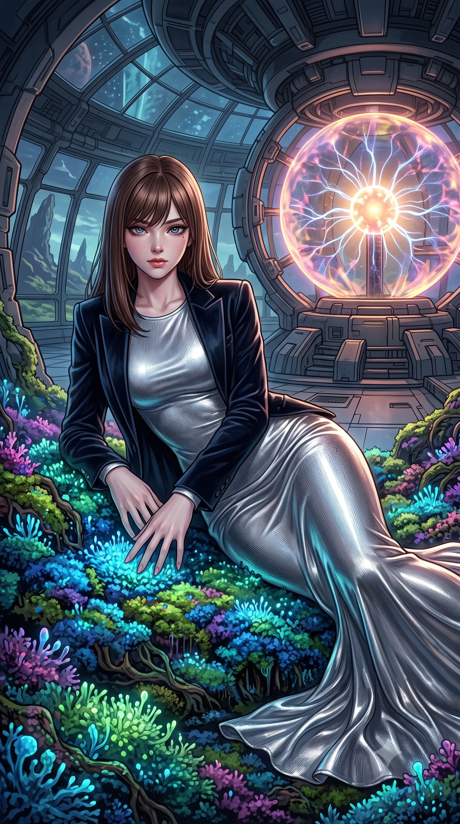 score_9, masterpiece, best quality, ultra-detailed, High-budget Anime Keyframe, East Asian woman. Low angle cowboy shot filling the entire 9:16 frame with her statuesque presence. Scenario 464: lying gracefully on a bed of bioluminescent moss inside a secret bio-dome containing a giant glowing fusion reactor. Her presence is magnetic and overpowering in this high-budget anime scene. Outfit 464: a slim-fit liquid silver bodycon knit gown layered under a structured velvet blazer. The clothing is designed to emphasize her exceptionally tall and slender 8-heads proportion. 8-heads proportion, towering silhouette, ultra-slim waist. sharp v-shaped jawline, intricate jewel-like eyes with depth, thick eyelashes, glossy lips. 2k, ultra detail, master piece, 9:16 ratio