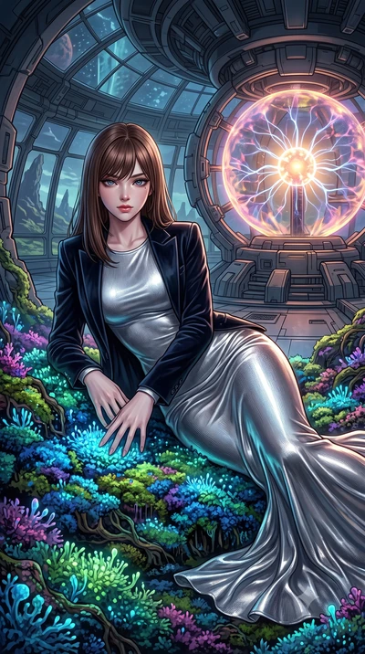 score_9, masterpiece, best quality, ultra-detailed, High-budget Anime Keyframe, East Asian woman. Low angle cowboy shot filling the entire 9:16 frame with her statuesque presence. Scenario 464: lying gracefully on a bed of bioluminescent moss inside 