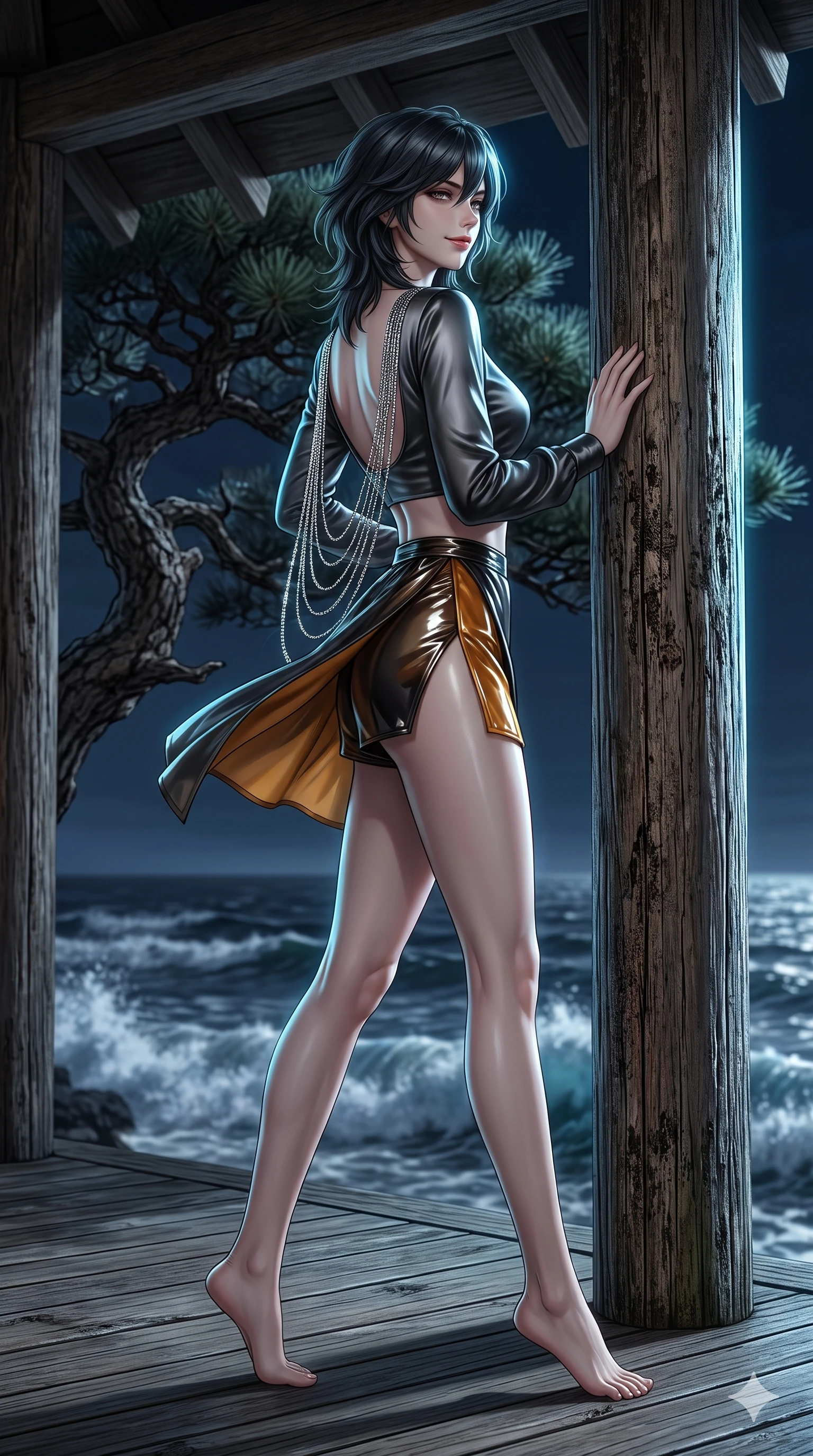 score_9, masterpiece, best quality, ultra-detailed, high-budget anime keyframe, editorial fashion photography, tasteful artistic composition, Caucasian woman. low angle full-body shot from head to toe showing her feet, filling the entire 9:16 vertical frame with her statuesque presence, stretching her vertical silhouette. striding across the moonlit timber deck as nocturnal breezes whip her garments open, accentuating her long slender legs and curvy hips while leaning against the weathered wooden pillar with hips cocked back, looking out into the crashing ocean waves with smoldering bedroom-eyes. The background shows a soft-focus gnarled ancient pine silhouettes and rolling ocean waves below blurred into deep midnight navy, silver, and charcoal bokeh. She has an absolutely perfect, statuesque 8.5-heads proportion, an exceptionally tall and slender model-like female figure with impossibly long slender legs, an ultra-slim waist, a flat toned midriff, narrow delicate ribcage, and beautifully sculpted feminine hips creating a graceful, slim hourglass silhouette without any bulky heaviness. sharp v-shaped jawline, high-bridge nose, sparkling eyes with hypnotic seductive depth, thick curled eyelashes, glossy parted lips with a natural dewy peach sheen, alluring bedroom-eyes with an enchanting coquettish smile, exuding magnetic siren charisma and sophisticated glamour, flawlessly proportioned anatomical accuracy, strict slender model proportions, natural body alignment, perfectly sculpted long slender limbs, ultra-slim waistline, clean dynamic posture without body distortion. wearing a liquid-look silk satin jeogori crop top with low-back scoop paired with high-slit wrap mini shorts in smoked agarwood charcoal and warm honey amber, crafted from wet-look high-gloss vinyl fabric with dazzling specular surface reflections, accented with an open-back drape framed by falling strands of delicate chrome chains, the impeccably tailored cut draping gracefully along her slender figure with aristocratic eastern poise. illuminated by ocean surf seafoam bounce and sharp cyan-platinum rim lights sculpting her razor-sharp jawline, narrow waist, and curvy hips. ultra-reflective glossy finish, specular highlights, rich textural contrasts, high-contrast stereoscopic depth, volumetric dynamic lighting, 2k, ultra detail, master piece, 9:16 ratio