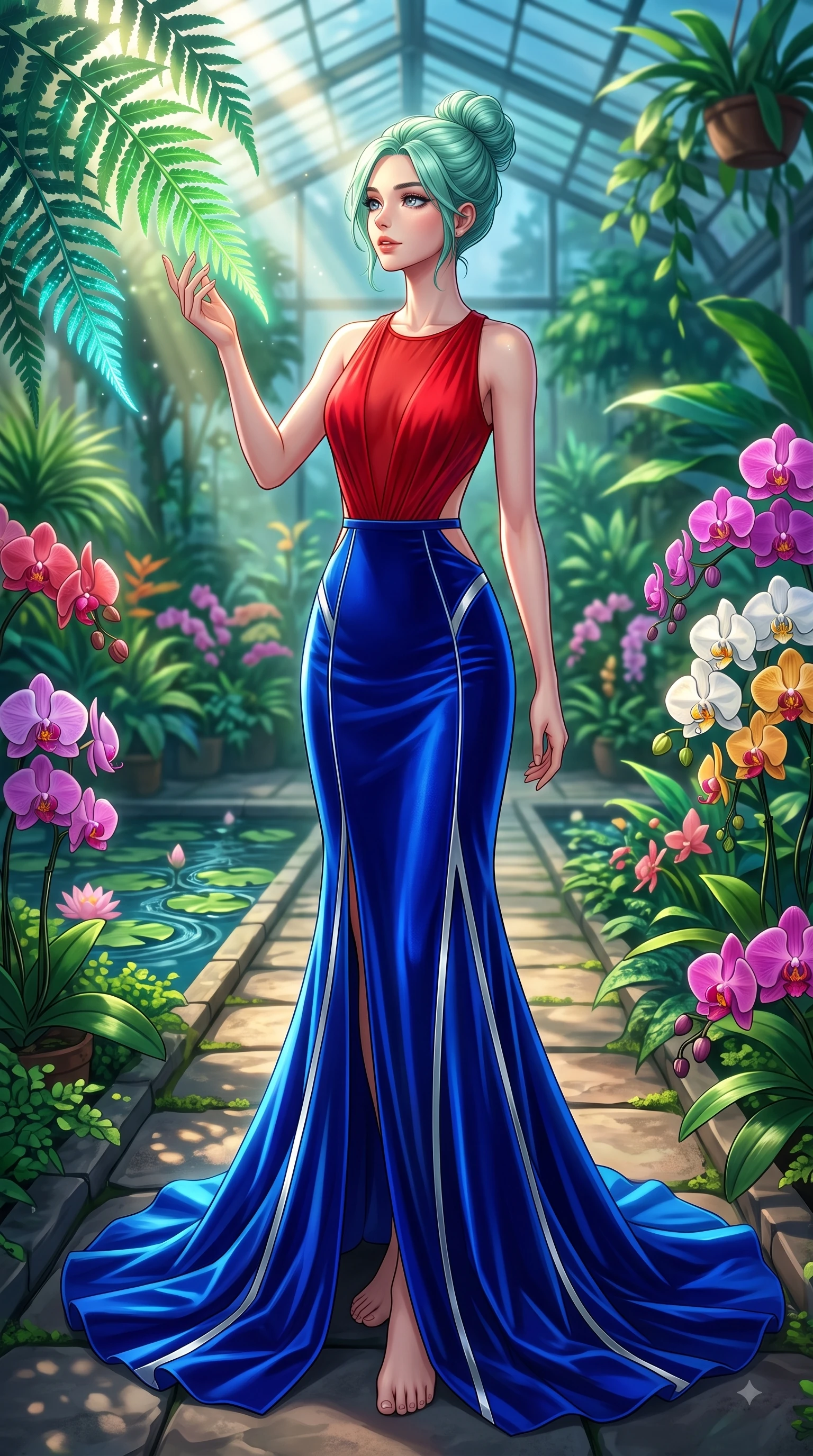 score_9, masterpiece, best quality, ultra-detailed, high-budget anime keyframe, editorial fashion photography, tasteful artistic composition, Japanese woman. low angle full-body shot from head to toe showing her feet, filling the entire 9:16 vertical frame with her statuesque presence, stretching her vertical silhouette. Radiant anticipation in her face, glowing with hopeful curiosity and warm expectant energy while reaching out elegantly to touch a bioluminescent fern leaf under streaming sunbeams. The surrounding environment is rendered in vivid detail and crisp panoramic clarity. vibrant orchid blossoms, lotus pond ripples, and detailed greenhouse pathways in deep focus. She has an absolutely perfect, statuesque 8.5-heads proportion, an exceptionally tall and slender model-like female figure with impossibly long slender legs and an ultra-slim waist. sharp v-shaped jawline, high-bridge nose, intricate jewel-like eyes with depth, thick eyelashes, glossy lips with a natural sheen, flawlessly proportioned anatomical accuracy, natural body alignment, perfectly sculpted elegant limbs, clean dynamic posture without body distortion. wearing a vibrant scarlet red chiffon maxi dress with a dramatic flowing skirt in electric cobalt blue and polished silver accent, made of premium stretch velvet with a rich glossy sheen, complemented by clean architectural seams and subtle cutouts, the sleek second-skin fit accentuating her magnetic presence. surrounded by a lush, vibrant, and enchanting garden editorial ambiance. highly saturated vibrant anime colors, detailed shading with soft gradients, rich glossy textures, high-contrast stereoscopic depth, volumetric dynamic lighting, master piece, 9:16 ratio