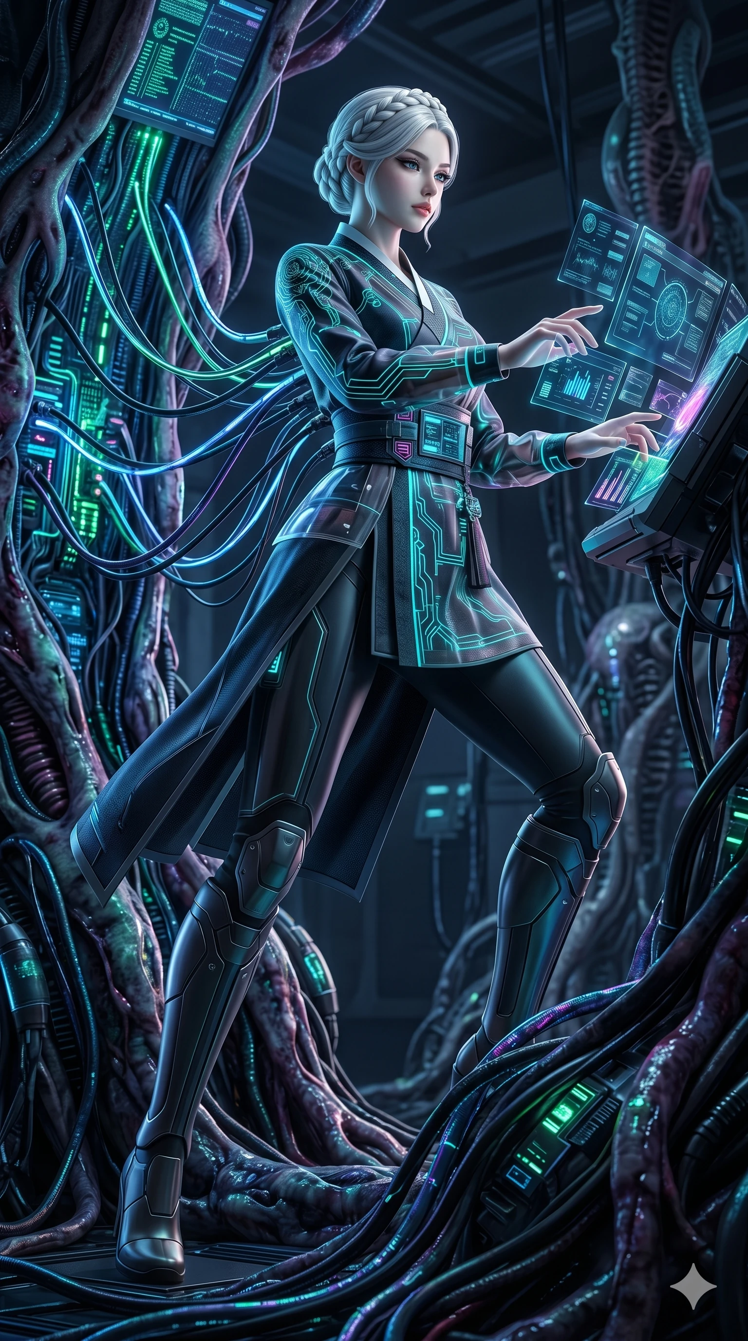 score_9, masterpiece, best quality, ultra-detailed, photorealistic 8k CG, hyper-detailed textures, ray-tracing, Korean woman. Low angle cowboy shot capturing a powerful motion and statuesque presence. hacking into a bio-organic mainframe with glowing data-cables. She has an absolutely perfect 8-heads proportion, an exceptionally tall and slender female figure with an ultra-slim waist and impossibly long slender legs. strictly human anatomy, two legs only, no extra limbs, clearly defined legs and arms, perfect anatomy, perfect hands and fingers. sharp v-shaped jawline, high-bridge nose, intricate jewel-like eyes, thick eyelashes, glossy lips. Wearing Modern Traditional: Shortened cyber-hanbok with fusion silk robes and transparent panels. The scene is illuminated by dramatic atmospheric lighting and vibrant color palettes. , 2k, ultra detail, master piece, 9:16 ratio