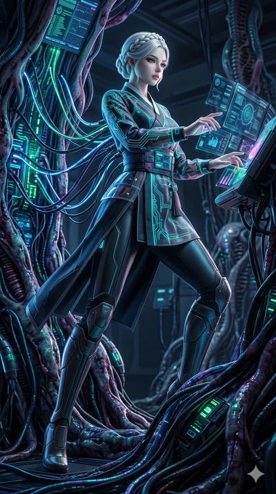 score_9, masterpiece, best quality, ultra-detailed, photorealistic 8k CG, hyper-detailed textures, ray-tracing, Korean woman. Low angle cowboy shot capturing a powerful motion and statuesque presence. hacking into a bio-organic mainframe with glowing