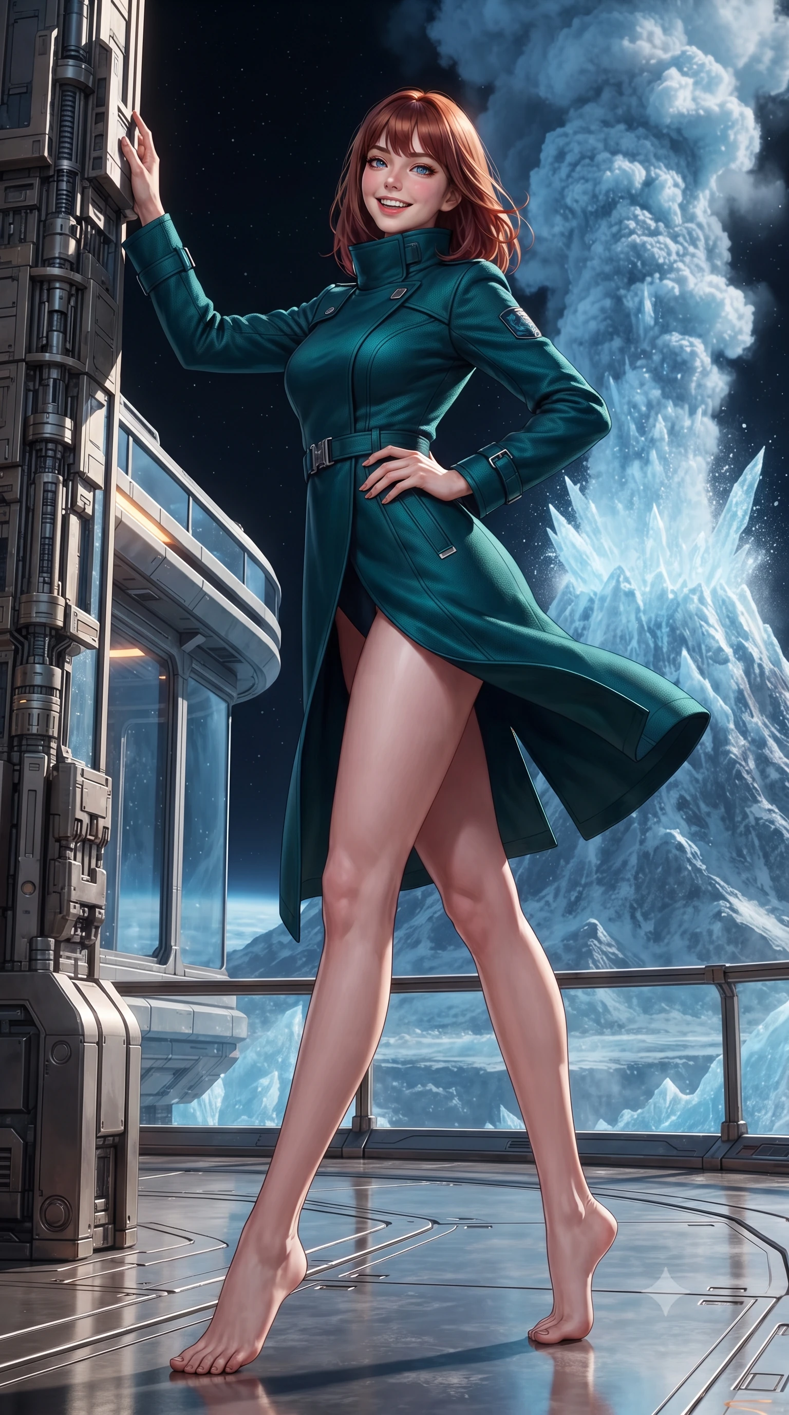 score_9, masterpiece, best quality, ultra-detailed, high-budget anime keyframe, editorial fashion photography, tasteful artistic composition, Caucasian woman. low angle full-body shot from head to toe showing her feet, filling the entire 9:16 vertical frame with her statuesque presence, stretching her vertical silhouette. standing tall beside the architectural column, one hand resting high while arching her lower back to emphasize her sculpted feminine hips and slender waist while standing poised on the cantilevered observation deck overlooking a massive cryo-volcano erupting water-ice crystals into the vacuum, arching her lower back with magnetic siren charisma. The surrounding environment is rendered in vivid detail and crisp panoramic clarity: detailed outfit textures, second-skin fit, and world-class planetary outpost architecture in high resolution. She has an exceptionally tall and slender model-like 8.5-heads proportion, an ultra-slim waist, a flat toned midriff, narrow delicate ribcage, and beautifully sculpted feminine hips creating a graceful, slim hourglass silhouette without any bulky heaviness, with impossibly long slender legs. sharp v-shaped jawline, high-bridge nose, intricate jewel-like sparkling eyes with depth, thick eyelashes, glossy parted lips with a natural peach sheen, bright cheerful beaming smile with an enchanting and coquettish sensual glint, exuding both youthful cute charm and seductive allure, flawlessly proportioned anatomical accuracy, strict slender model proportions, natural body alignment, perfectly sculpted long slender limbs, ultra-slim waistline, clean dynamic posture without body distortion. wearing a bespoke tactical commander trench coat in matte carbon-weave with magnetic utility buckles, storm flaps, and high standing collar in bioluminescent emerald and abyssal sapphire, crafted from bespoke double-faced cashmere with an exceptionally soft tactile finish, finished with sleek magnetic buckle closures fluttering in the breeze, the bespoke structured tailoring following the natural line of her 8.5-heads silhouette with refined elegance. bathed in crisp diamond sunlight reflecting off millions of frozen water-ice crystals combined with warm 2600K deck lanterns. ultra-reflective glossy finish, specular highlights, rich textural contrasts, high-contrast stereoscopic depth, volumetric dynamic lighting, 2k, ultra detail, master piece, 9:16 ratio