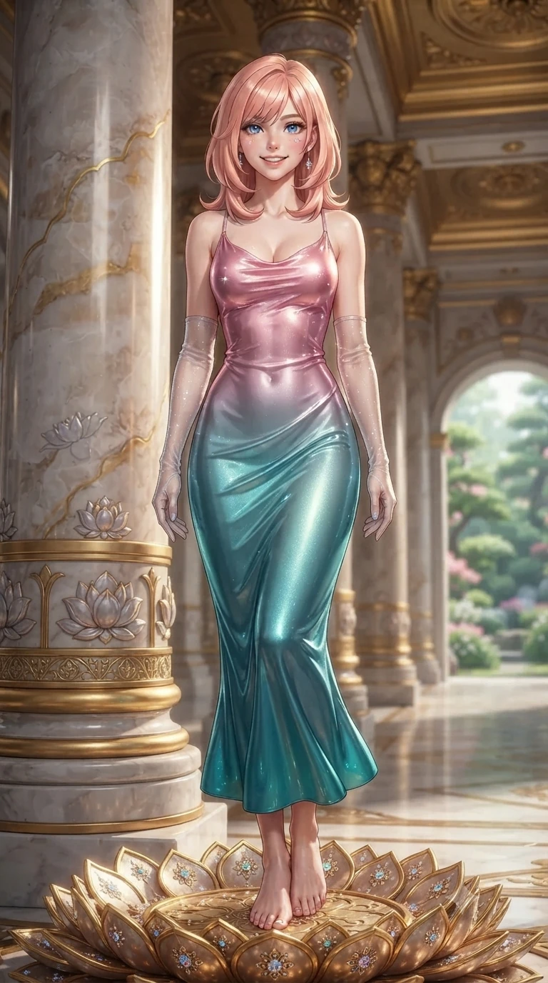 score_9, masterpiece, best quality, ultra-detailed, high-budget anime keyframe, editorial fashion photography, tasteful artistic composition, Japanese woman. low angle full-body shot from head to toe showing her feet, filling the entire 9:16 vertical frame with her statuesque presence, stretching her vertical silhouette. standing tall beside the architectural column, one hand resting high while arching her lower back to emphasize her sculpted feminine hips and slender waist while lounging gracefully across the gilded lotus dais propped on one elbow with legs extended, displaying her long slender limbs and statuesque hourglass silhouette against the celestial porcelain matrix. The surrounding environment is rendered in vivid detail and crisp panoramic clarity: sharp hand-carved gold filigree altar corbels, glossy porcelain fracture bevels, and crisp liquid gold droplet speculars in deep focus. She has an exceptionally tall and slender model-like 8.5-heads proportion, an ultra-slim waist, a flat toned midriff, narrow delicate ribcage, and beautifully sculpted feminine hips creating a graceful, slim hourglass silhouette without any bulky heaviness, with impossibly long slender legs. sharp v-shaped jawline, high-bridge nose, intricate jewel-like sparkling eyes with depth, thick eyelashes, glossy parted lips with a natural peach sheen, bright cheerful beaming smile with an enchanting and coquettish sensual glint, exuding both youthful cute charm and seductive allure, flawlessly proportioned anatomical accuracy, strict slender model proportions, natural body alignment, perfectly sculpted long slender limbs, ultra-slim waistline, clean dynamic posture without body distortion. wearing a form-fitting liquid mercury jersey evening dress clinging smoothly to her narrow waist and rounded hips in subterranean lagoon turquoise and lotus blossom pink, crafted from bespoke double-faced cashmere with an exceptionally soft tactile finish, complemented by sheer opera-length evening gloves tracing her slender arms, the form-contouring silhouette accentuating her sculpted flat midriff, narrow delicate ribcage, and gracefully curvy hips with intoxicating allure. illuminated by mirrored altar floor reflection bounce and sharp gold-leaf rim lights sculpting her razor-sharp jawline, narrow waist, and curvy hips. ultra-reflective glossy finish, specular highlights, rich textural contrasts, high-contrast stereoscopic depth, volumetric dynamic lighting, 2k, ultra detail, master piece, 9:16 ratio