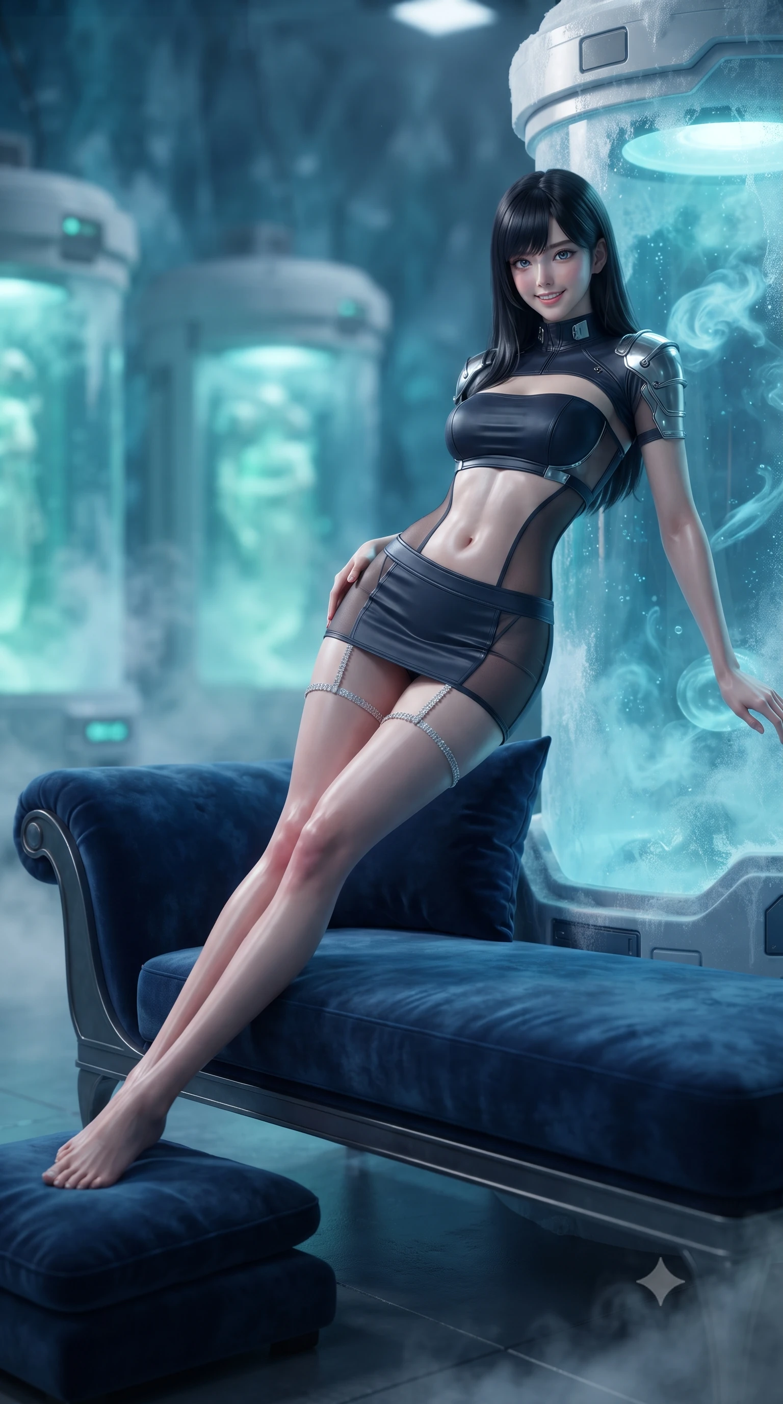 score_9, masterpiece, best quality, ultra-detailed, high-budget anime keyframe, editorial fashion photography, tasteful artistic composition, Caucasian woman. low angle full-body shot from head to toe showing her feet, filling the entire 9:16 vertical frame with her statuesque presence, stretching her vertical silhouette. reclining gracefully across the plush chaise lounge with one leg extended, her sculpted silhouette and flat midriff radiating magnetic nocturnal glamour while leaning against the frosted acrylic pod casing with hips cocked back, looking into the suspended blue stasis fluid with smoldering bedroom-eyes. The background shows a soft-focus cylindrical stasis pods glowing with soft cyan and mint bio-light, swirling frosty nitrogen vapors, and ancient blue glacial ice walls blurred into aquamarine, diamond, and sapphire bokeh. She has an exceptionally tall and slender model-like 8.5-heads proportion, an ultra-slim waist, a flat toned midriff, narrow delicate ribcage, and beautifully sculpted feminine hips creating a graceful, slim hourglass silhouette without any bulky heaviness, with impossibly long slender legs. sharp v-shaped jawline, high-bridge nose, intricate jewel-like sparkling eyes with depth, thick eyelashes, glossy parted lips with a natural peach sheen, bright cheerful beaming smile with an enchanting and coquettish sensual glint, exuding both youthful cute charm and seductive allure, flawlessly proportioned anatomical accuracy, strict slender model proportions, natural body alignment, perfectly sculpted long slender limbs, ultra-slim waistline, clean dynamic posture without body distortion. wearing an ultra-cropped tactical tech-wear bandeau top with molded shoulder armor paired with a micro mini skirt revealing her flat toned midriff in midnight carbon navy and polished chrome, featuring strategic sheer-illusion tulle side panels framing her ribcage and hips, finished with delicate crystal-encrusted thigh garter straps glinting in the dim light, the bespoke structured tailoring following the natural line of her 8.5-heads silhouette with refined elegance. bathed in cool 8000K clinical bio-luminescence mixed with warm amber emergency threshold lights. ultra-reflective glossy finish, specular highlights, rich textural contrasts, high-contrast stereoscopic depth, volumetric dynamic lighting, 2k, ultra detail, master piece, 9:16 ratio