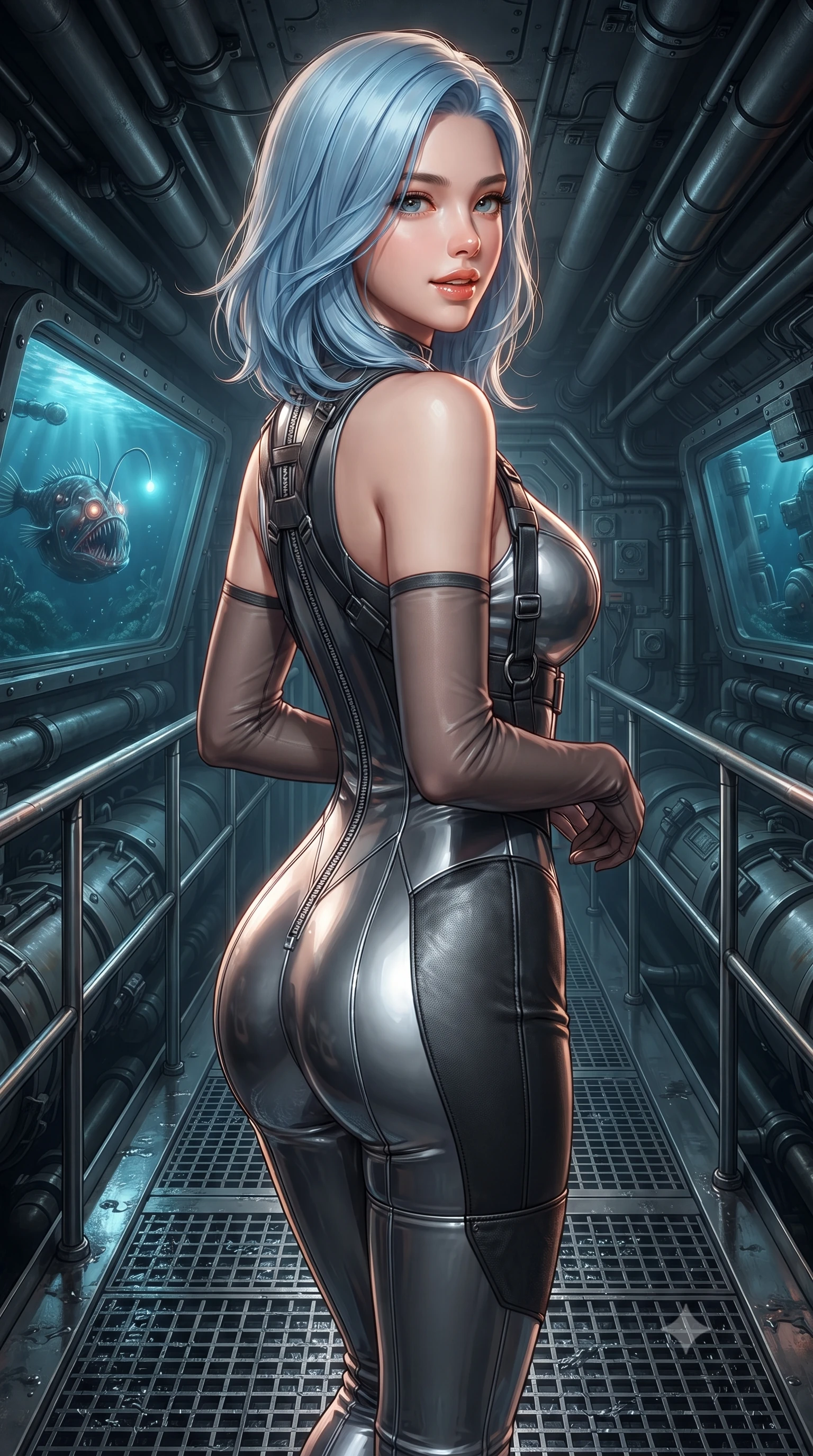 score_9, masterpiece, best quality, ultra-detailed, high-budget anime keyframe, editorial fashion photography, tasteful artistic composition, Korean woman. close-up cowboy shot from the waist and thighs up, the character dominates the composition, filling the frame with her large presence. posing in an alluring rear three-quarter angle, looking over a bare shoulder with parted glossy lips, her hips cocked back to highlight her slim hourglass curve while standing poised on the grated steel catwalk above flooded torpedo launch tubes, arching her spine with mysterious siren elegance as deep-sea anglerfish glow through the thick glass. The surrounding environment is rendered in vivid detail and crisp panoramic clarity: detailed tactical wetsuit texture, liquid latex sheen, and military naval submarine craft in razor-sharp precision. She has an exceptionally elegant, slender, and willowy female figure with an ultra-slim waist, flat toned midriff, narrow ribcage, and sculpted feminine hips creating an alluring, slim hourglass silhouette without bulk. sharp v-shaped jawline, high-bridge nose, intricate jewel-like sparkling eyes with depth, thick eyelashes, glossy parted lips with a natural peach sheen, bright cheerful beaming smile with an enchanting and coquettish sensual glint, exuding both youthful cute charm and seductive allure, flawlessly proportioned anatomical accuracy, strict slender model proportions, natural body alignment, perfectly sculpted long slender limbs, ultra-slim waistline, clean dynamic posture without body distortion. wearing a sculpted tactical lambskin leather catsuit with seamless paneling and silver zipper hardware accentuating her flat midriff and curvy hips in liquid mercury chrome and stealth charcoal, tailored from high-gloss patent leather with mirror-like specular highlights, complemented by sheer opera-length evening gloves tracing her slender arms, the glove-like clinging cut tightly following the natural contour of her hips and long slender legs with youthful 8.5-heads elegance. illuminated by wet steel floor reflection bounce and sharp ruby-gold rim lights sculpting her razor-sharp jawline, narrow waist, and curvy hips. ultra-reflective glossy finish, specular highlights, rich textural contrasts, high-contrast stereoscopic depth, volumetric dynamic lighting, 2k, ultra detail, master piece, 9:16 ratio