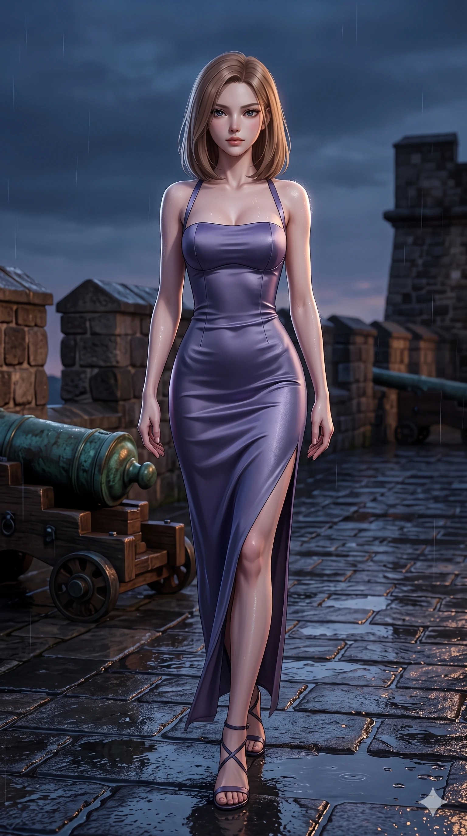 score_9, masterpiece, best quality, ultra-detailed, high-budget anime keyframe, semi-realistic 3D game render, editorial fashion photography, tasteful artistic composition, Korean woman. low angle full-body shot from head to toe showing her feet, filling the entire 9:16 vertical frame with her statuesque presence, stretching her vertical silhouette. reclining gracefully across the plush chaise lounge with one leg extended, her sculpted silhouette and flat midriff radiating magnetic nocturnal glamour while stepping slowly along the rain-washed stone rampart with hypnotic grace, hips swaying in an alluring rhythm that accentuates her curvy hourglass silhouette. The surrounding environment is rendered in vivid detail and crisp panoramic clarity: sharp wet basalt flagstone puddle reflections, ancient bronze cannon patina, and crisp masonry bevels in deep focus. She has an exceptionally tall and slender model-like 8.5-heads proportion, an ultra-slim waist, a flat toned midriff, narrow delicate ribcage, and beautifully sculpted feminine hips creating a graceful, slim hourglass silhouette without any bulky heaviness, with impossibly long slender legs. sharp v-shaped jawline, high-bridge nose, intricate jewel-like eyes with depth, thick eyelashes, glossy parted lips with a natural sheen, intensely captivating and seductive bedroom-eyes expression, flawlessly proportioned anatomical accuracy, strict slender model proportions, natural body alignment, perfectly sculpted long slender limbs, ultra-slim waistline, clean dynamic posture without body distortion. wearing a strapless column evening dress in heavy stretch silk with subtle boned bustier support and side slit in Highland heather violet and slate granite, crafted from fluid liquid silk satin that clings smoothly to her narrow waist and rounded hips with a dewy sheen, finished with criss-cross back satin straps highlighting her graceful shoulder blades, the liquid-tight tailored fabric clinging flawlessly to her narrow waist and rounded feminine hips, emphasizing every millimeter of her sculpted slim hourglass curves without any bulky heaviness. bathed in high-contrast dramatic sky illumination with crisp silver rim lights sculpting her jawline, narrow waist, and curvy hips. highly saturated vibrant anime colors, detailed shading with soft gradients, rich glossy textures, high-contrast stereoscopic depth, volumetric dynamic lighting, master piece, 9:16 ratio