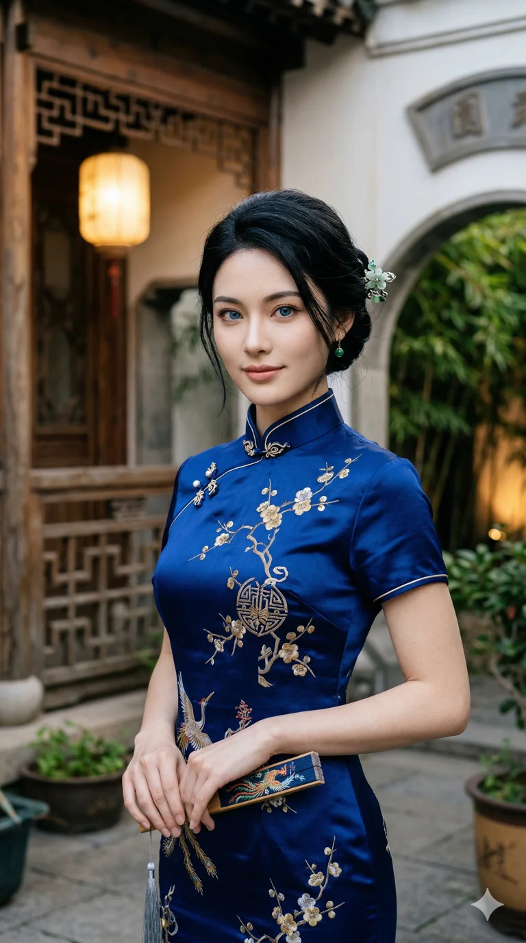 (masterpiece:1.2), best quality, highres, (1girl:1.3), breathtaking portrait, sapphire eyes, black hair, (blue silk cheongsam:1.2), oriental grace, 2k, ultra detail, 9:16 ratio