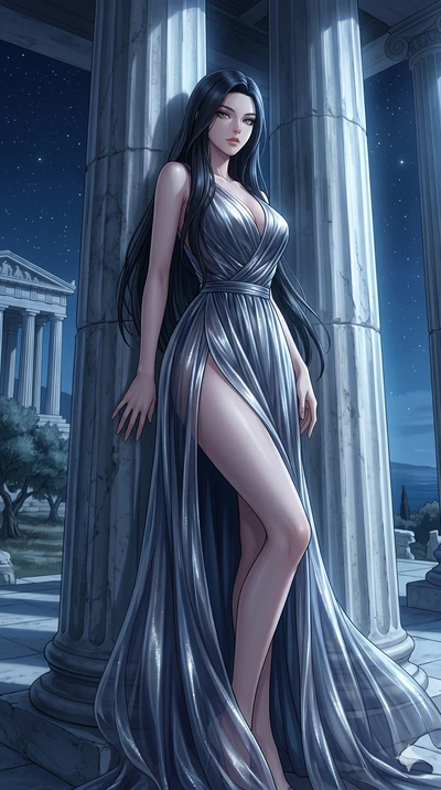 score_9, masterpiece, best quality, ultra-detailed, High-budget Anime Keyframe, East Asian woman. Low angle cowboy shot filling the entire 9:16 frame with her statuesque presence. Scenario 103: Leaning against a cold marble pillar in a moonlit greek 