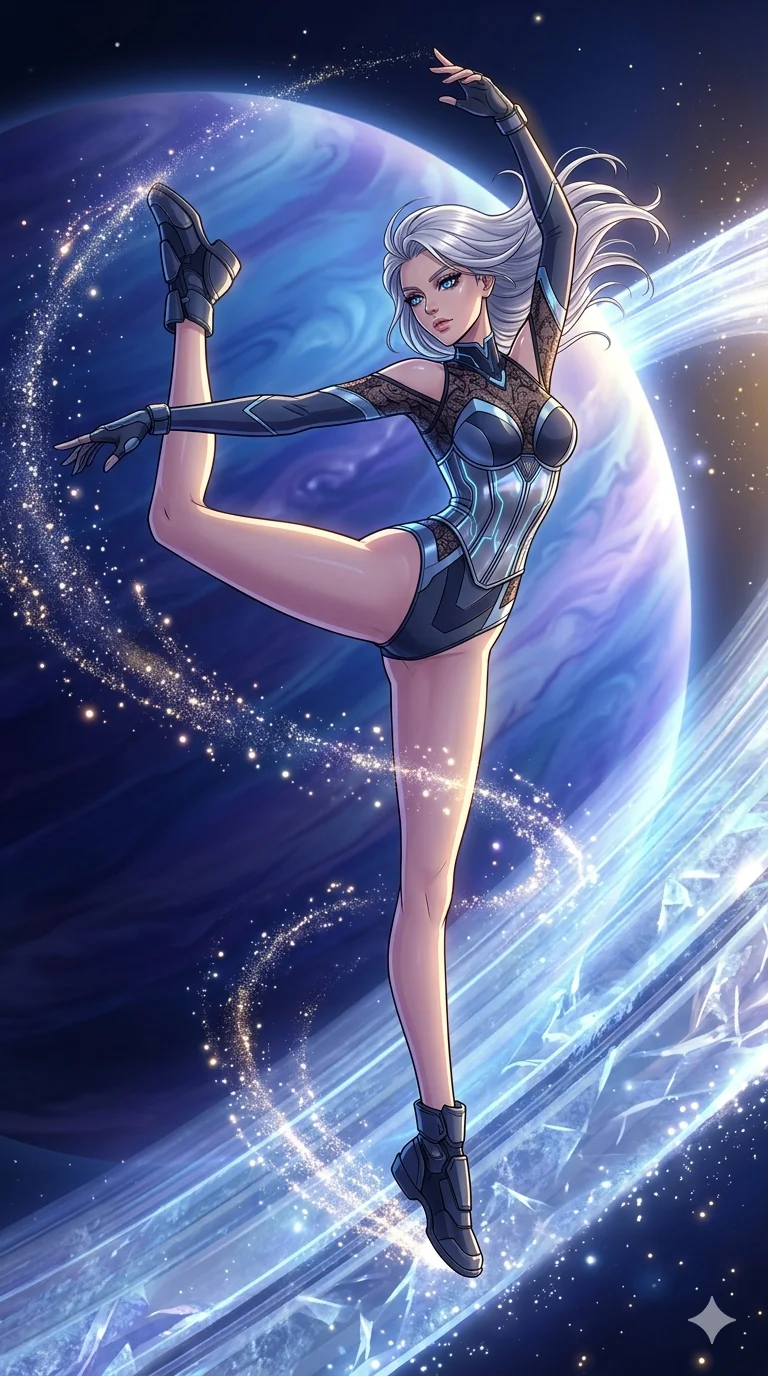 score_9, masterpiece, best quality, ultra-detailed, high-budget anime movie keyframe, cinematic anime lighting, intricate line art, Caucasian (strictly human ears) anime girl. Mid-air action shot capturing a graceful twist and vertical silhouette. dancing on the rings of a gas giant while stardust swirls. She has an absolutely perfect 8-heads proportion, an exceptionally tall and slender female figure with an ultra-slim waist and impossibly long slender legs. strictly human anatomy, two legs only, no extra limbs, clearly defined legs and arms, perfect anatomy, perfect hands and fingers. sharp v-shaped jawline, high-bridge nose, intricate jewel-like eyes, thick eyelashes, glossy lips. Wearing Cyber-Tech Legacy: Asymmetrical high-cut tech-bodysuit with detached sleeves and chrome-plated corset over sheer lace. The scene is illuminated by dramatic atmospheric lighting and vibrant color palettes. , 2k, ultra detail, master piece, 9:16 ratio