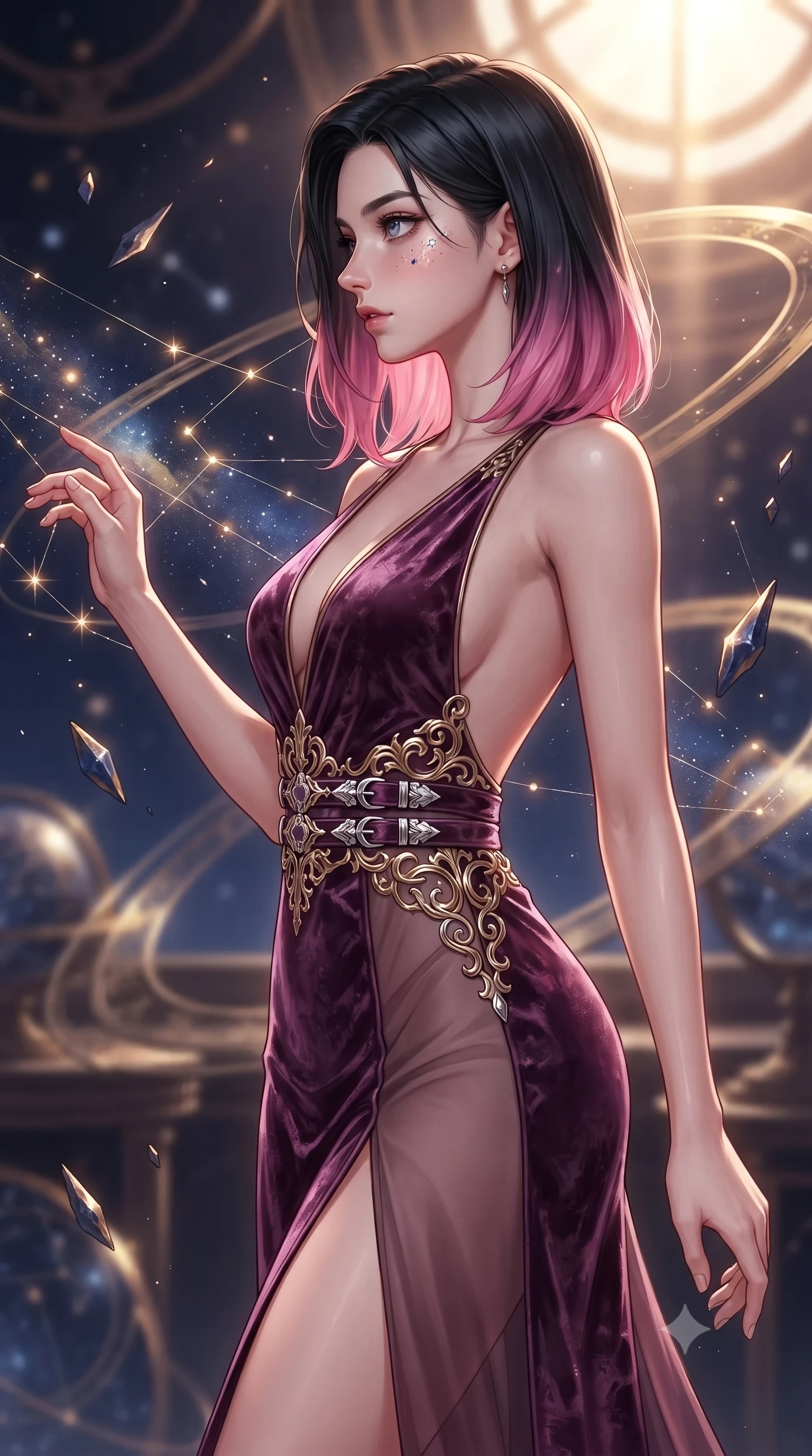 score_9, masterpiece, best quality, ultra-detailed, high-budget anime keyframe, editorial fashion photography, tasteful artistic composition, Korean woman. close-up cowboy shot from the waist and thighs up, the character dominates the composition, filling the frame with her large presence, background elements kept in soft focus. Turning her face in sharp dramatic profile against the bright light, showcasing her sharp v-shaped jawline navigating a constellation map woven from starlight threads, floating meteor shards reflecting deep navy and gold hues. She has an exceptionally elegant, slender, and willowy female figure with an ultra-slim waist, a gracefully sculpted slender torso, and a refined silhouette. sharp v-shaped jawline, high-bridge nose, intricate jewel-like eyes with depth, thick eyelashes, glossy lips with a natural sheen. wearing a backless crushed velvet gown with a deep V-neckline and high thigh slit in plum purple and gold filigree, woven from fine semi-opaque sheer organza, detailed with polished silver buckles along the waistline, the form-contouring material highlighting her ultra-slim waist and long lines. bathed in warm sunbursts filtering through floating orbital rings. highly saturated vibrant anime colors, detailed shading with soft gradients, rich glossy textures, high-contrast stereoscopic depth, volumetric dynamic lighting, master piece, 9:16 ratio