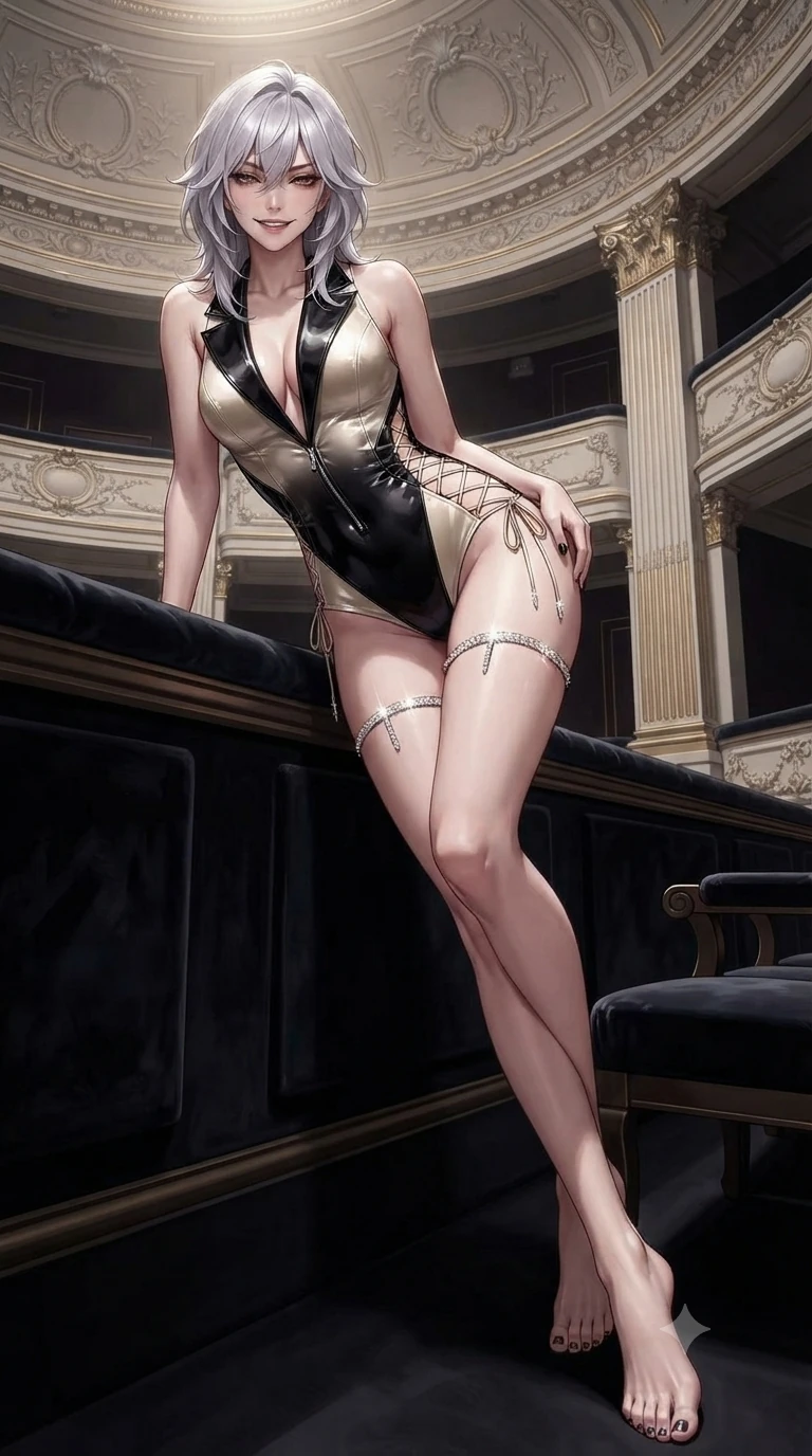 score_9, masterpiece, best quality, ultra-detailed, high-budget anime keyframe, editorial fashion photography, tasteful artistic composition, Japanese woman. low angle full-body shot from head to toe showing her feet, filling the entire 9:16 vertical frame with her statuesque presence, stretching her vertical silhouette. reclining languidly across the dark velvet banquette with one knee bent and hips angled toward the camera while leaning forward over the plush velvet balustrade with hips cocked back, looking through heavy-lidded bedroom-eyes with an enchanting, dangerous smile. The surrounding environment is rendered in vivid detail and crisp panoramic clarity: detailed tailored tux dress lapel sheen, fitted waistline seams, and neoclassical theater architecture in razor-sharp precision. She has an absolutely perfect, statuesque 8.5-heads proportion, an exceptionally tall and slender model-like female figure with impossibly long slender legs, an ultra-slim waist, a flat toned midriff, narrow delicate ribcage, and beautifully sculpted feminine hips creating a graceful, slim hourglass silhouette without any bulky heaviness. sharp v-shaped jawline, high-bridge nose, intricate jewel-like dark sparkling eyes with hypnotic seductive depth, thick curled eyelashes, glossy parted lips with a natural wine sheen, alluring bedroom-eyes with an enigmatic smoldering smile, exuding magnetic sovereign charisma and dark avant-garde glamour, flawlessly proportioned anatomical accuracy, strict slender model proportions, natural body alignment, perfectly sculpted long slender limbs, ultra-slim waistline, clean dynamic posture without body distortion. wearing a low-slung cutaway leather bodysuit with bare hip flanks and criss-cross cord ties in celestial champagne ivory and high-gloss jet black, adorned with laser-cut diamond side panels revealing teasing glimpses of bare skin, finished with delicate crystal-encrusted thigh garter straps glinting in the laser glare, the bespoke structured tailoring following the natural line of her 8.5-heads silhouette with refined elegance. illuminated by a single brilliant theatrical key light emerging from dark opera shadows. ultra-reflective glossy finish, specular highlights, metallic sheen, high-contrast stereoscopic depth, volumetric dynamic lighting, 2k, ultra detail, master piece, 9:16 ratio